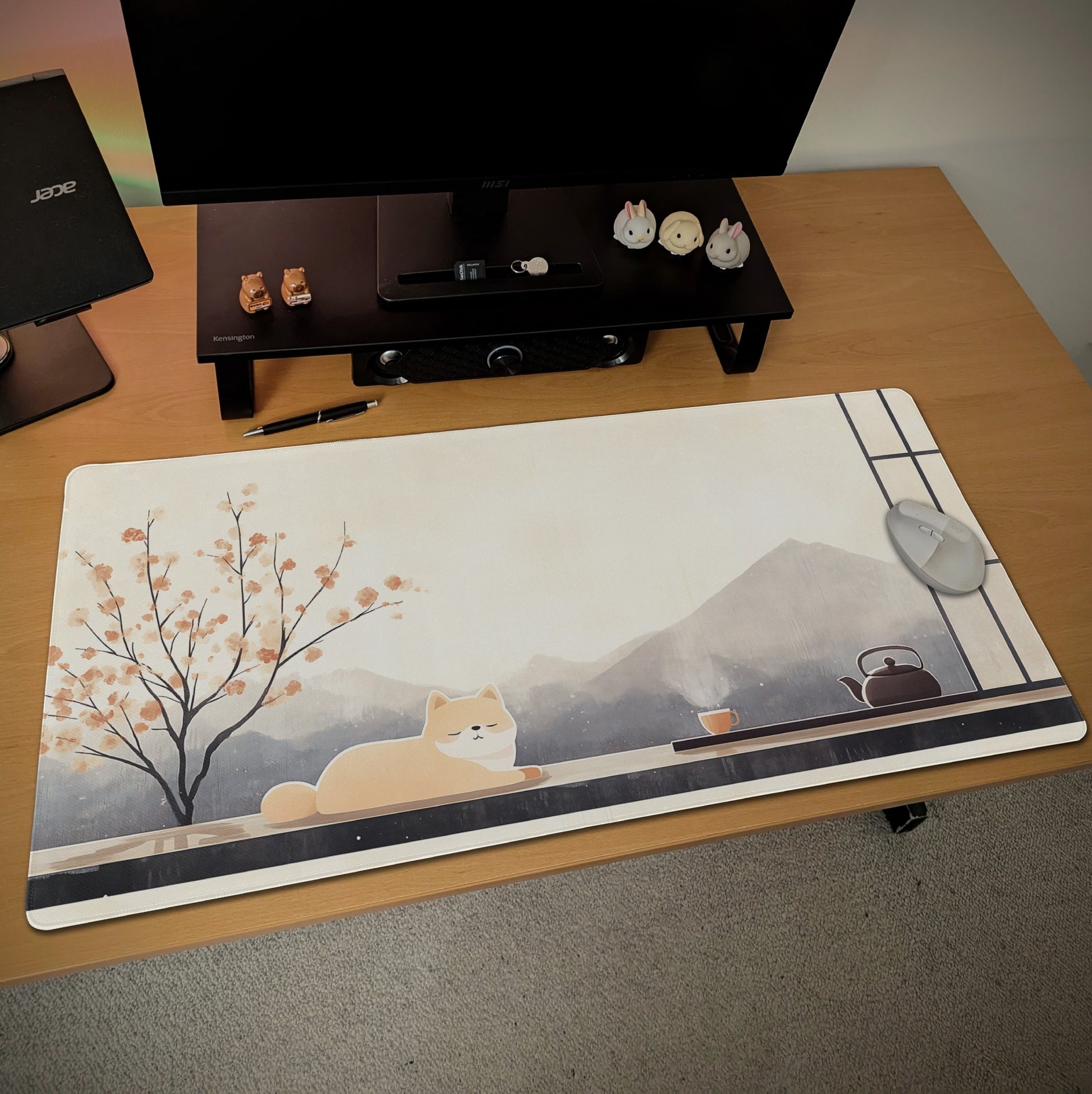 Japanese Zen Shiba Inu Desk Mat | Minimalist Ukiyo-e Mouse Pad | Calm Desk Decor for Dog Lovers, Blossom Tree, Mountain Chill Vibe