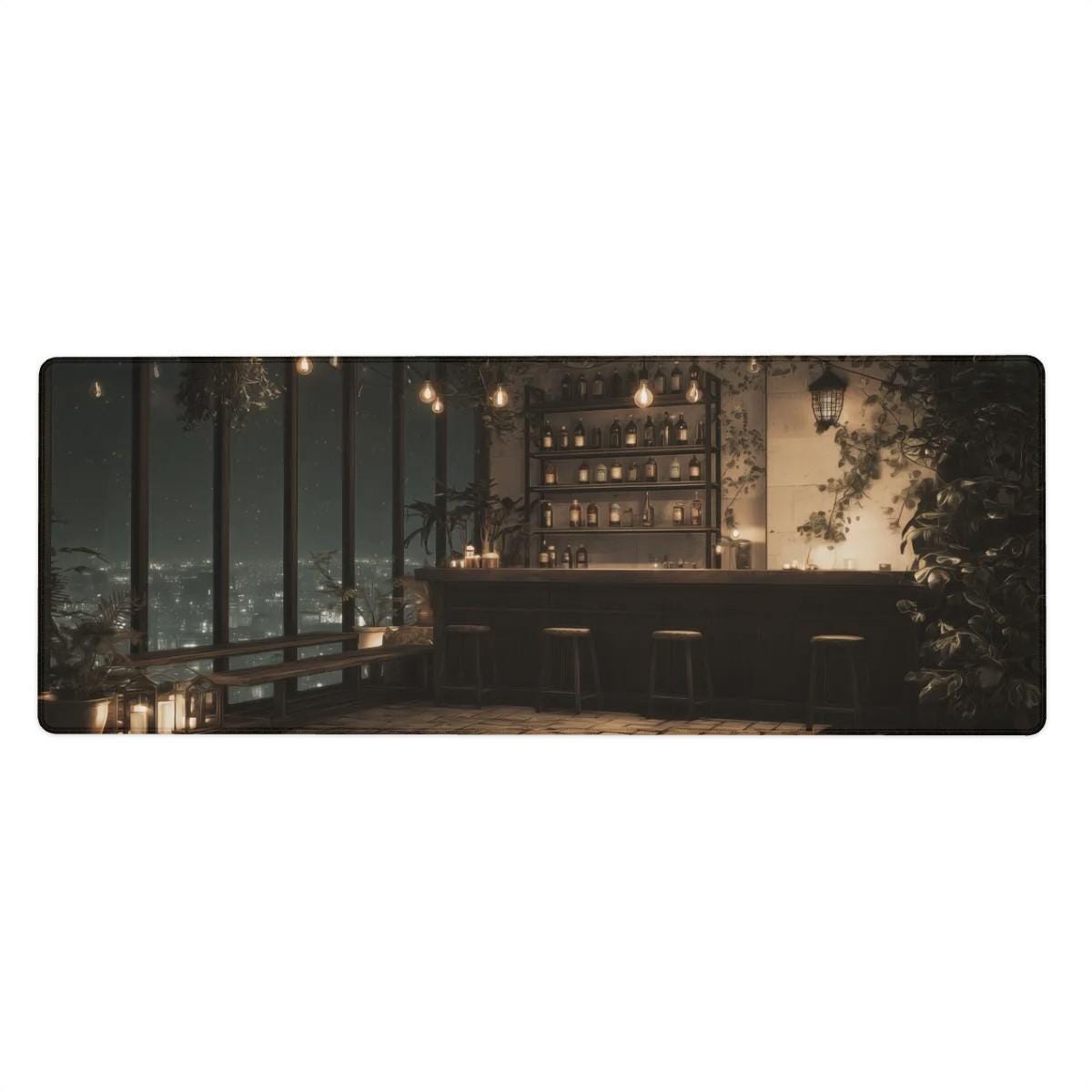 Rooftop Bar Desk Mat | Cityscape Mouse Pad, Lofi Anime Comic Illustration with a Cozy Vibe