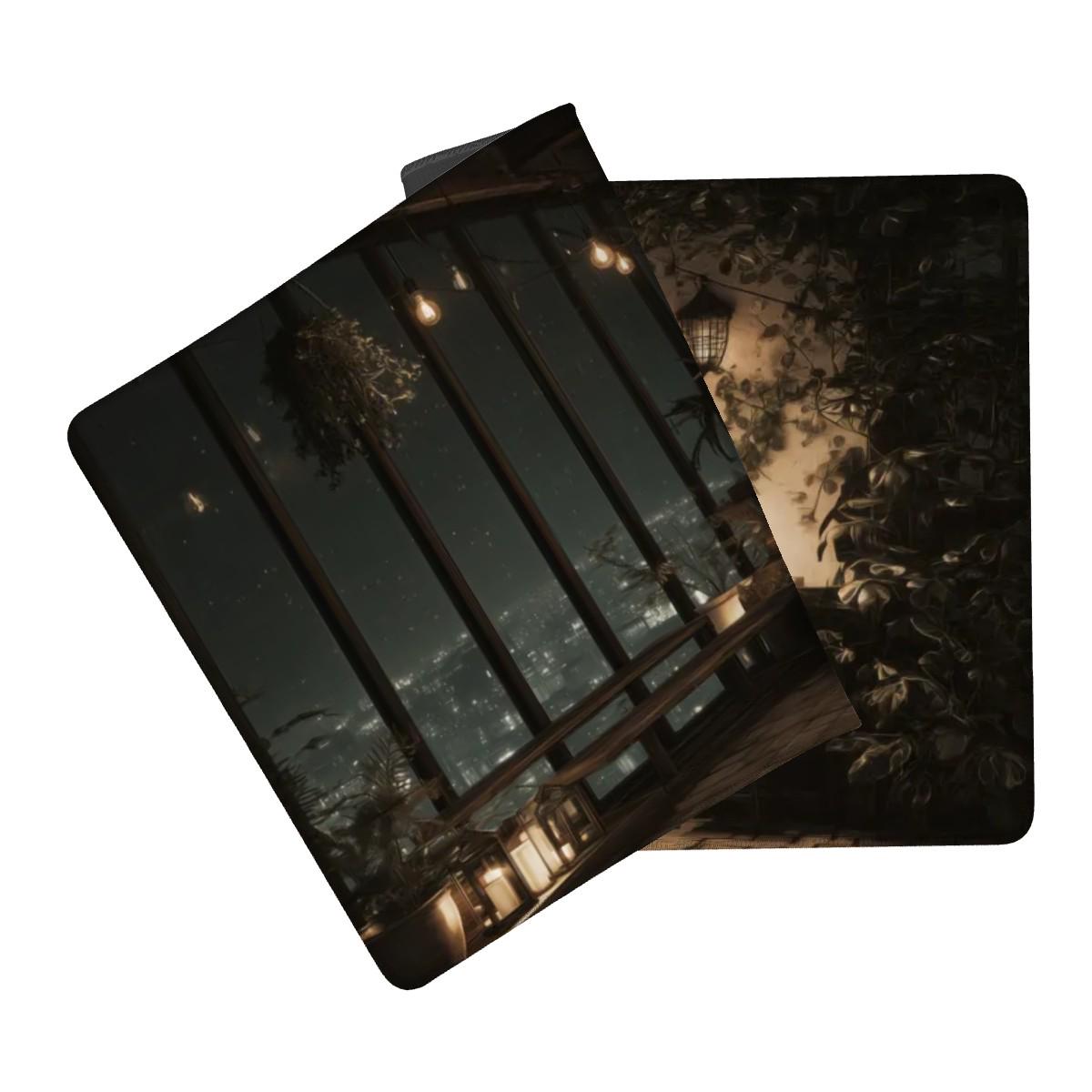 Rooftop Bar Desk Mat | Cityscape Mouse Pad, Lofi Anime Comic Illustration with a Cozy Vibe