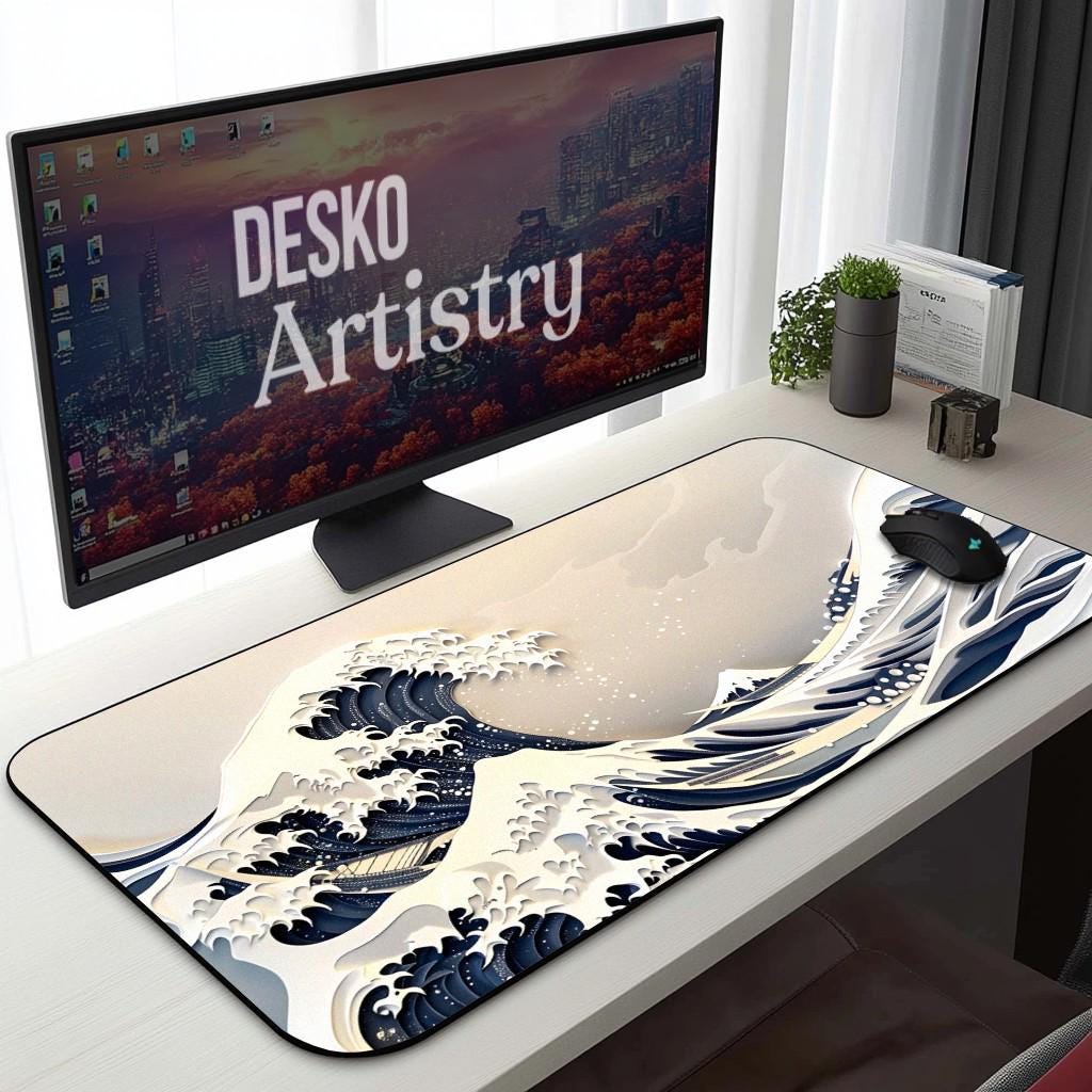Hokusai Great Wave Desk Mat | Japanese Paper Art, Ocean Wave Gaming Desk Pad