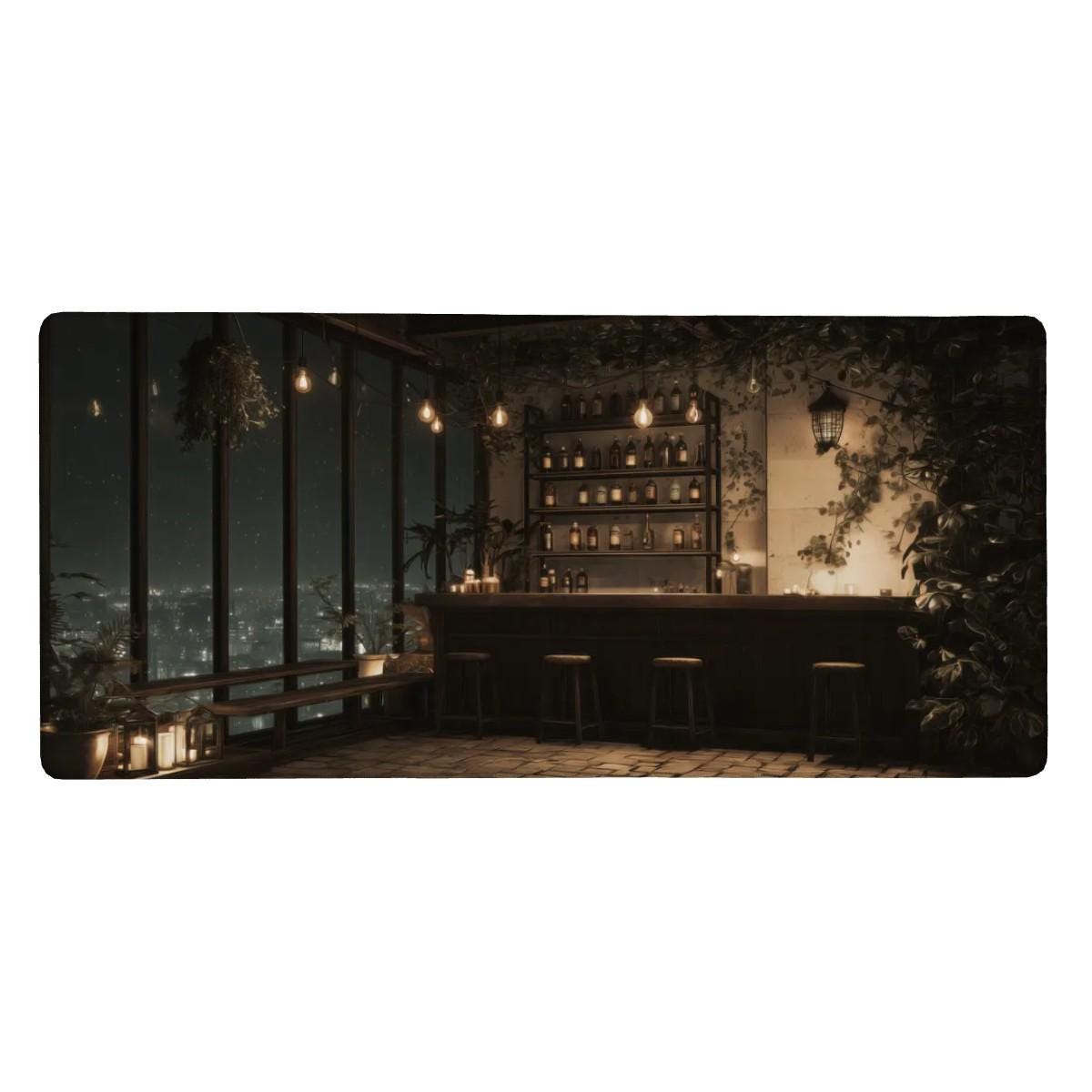 Rooftop Bar Desk Mat | Cityscape Mouse Pad, Lofi Anime Comic Illustration with a Cozy Vibe