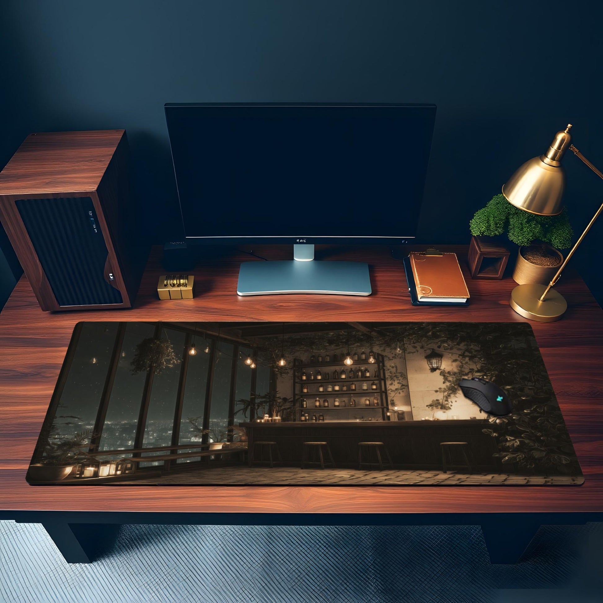 Rooftop Bar Desk Mat | Cityscape Mouse Pad, Lofi Anime Comic Illustration with a Cozy Vibe