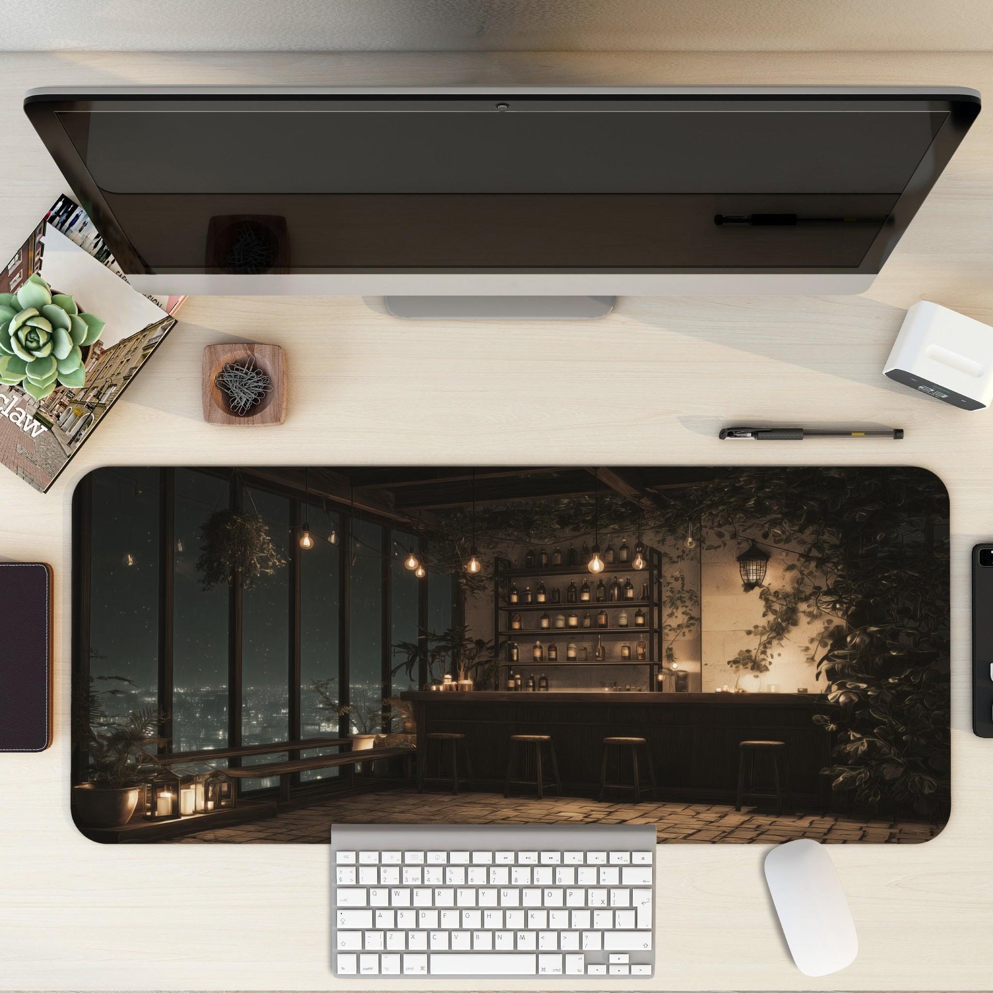 Rooftop Bar Desk Mat | Cityscape Mouse Pad, Lofi Anime Comic Illustration with a Cozy Vibe