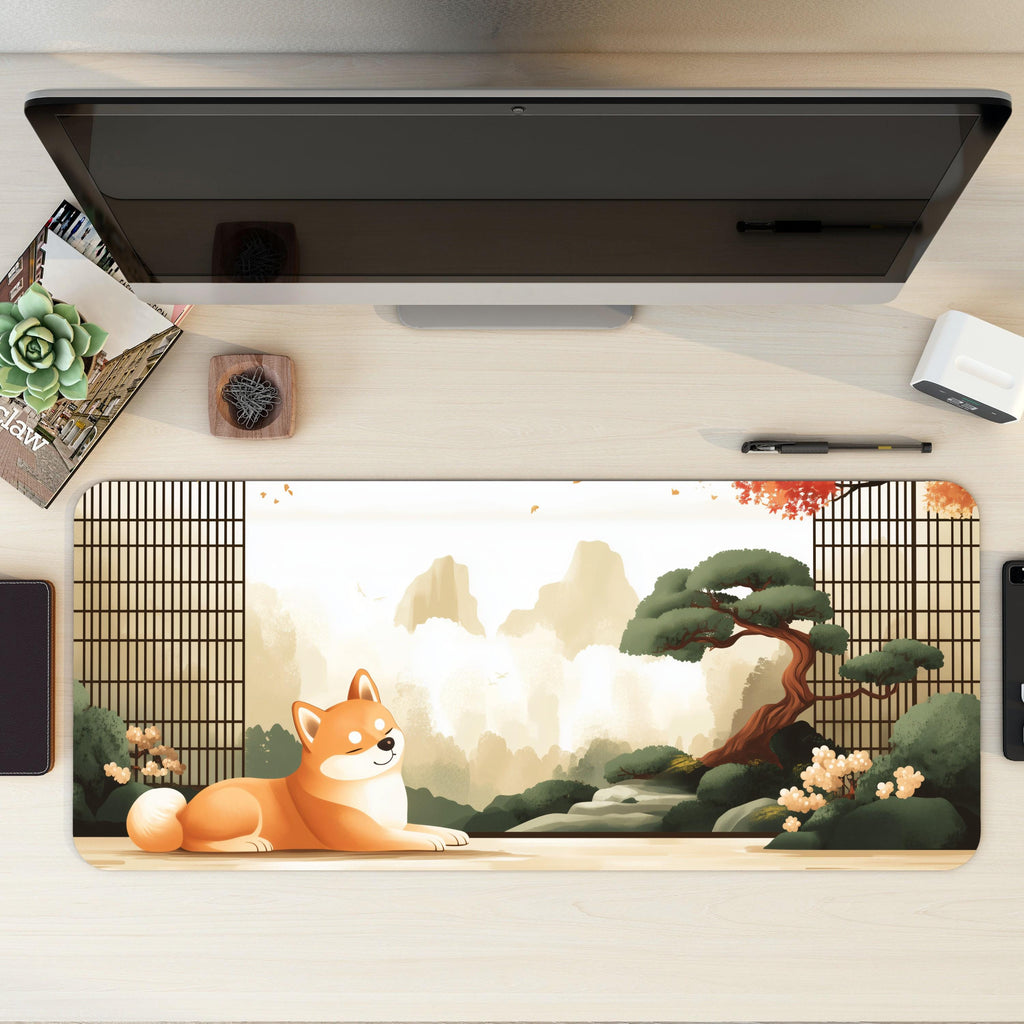 Japanese Shiba Inu Desk Mat | Large Mouse Pad for Dog Lovers | Aesthetic Gaming Mousepad, Bonsai Zen, Cherry Blossoms