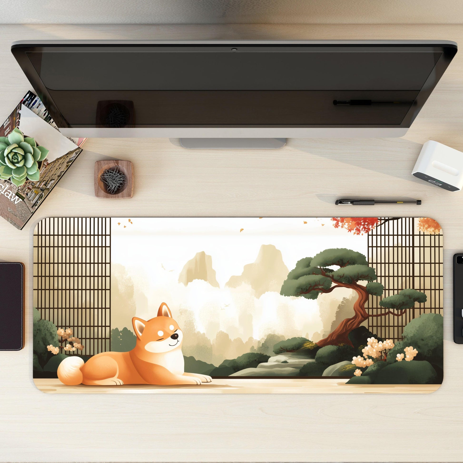 Japanese Shiba Inu Desk Mat | Large Mouse Pad for Dog Lovers | Aesthetic Gaming Mousepad, Bonsai Zen, Cherry Blossoms