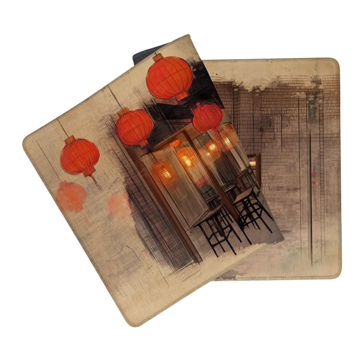 Traditional Asian Market Desk Mat | Line Art Sketchbook Mouse Pad | Cultural and Nostalgic Vibe, Vintage Watercolor palette