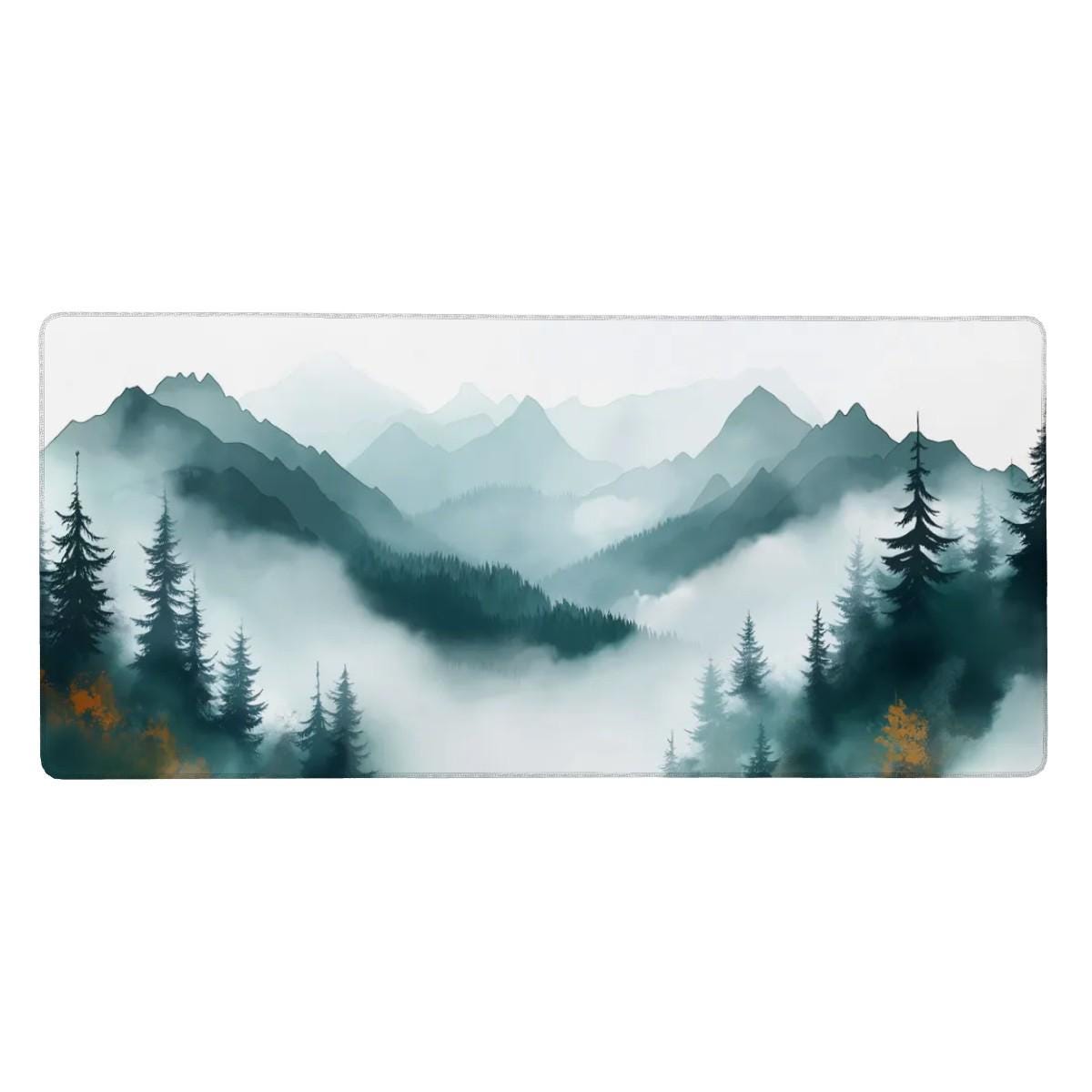 Misty Forest Desk Mat | Watercolor Style Green Teal Mountain | Nordic Scenic Nature Mouse Pad