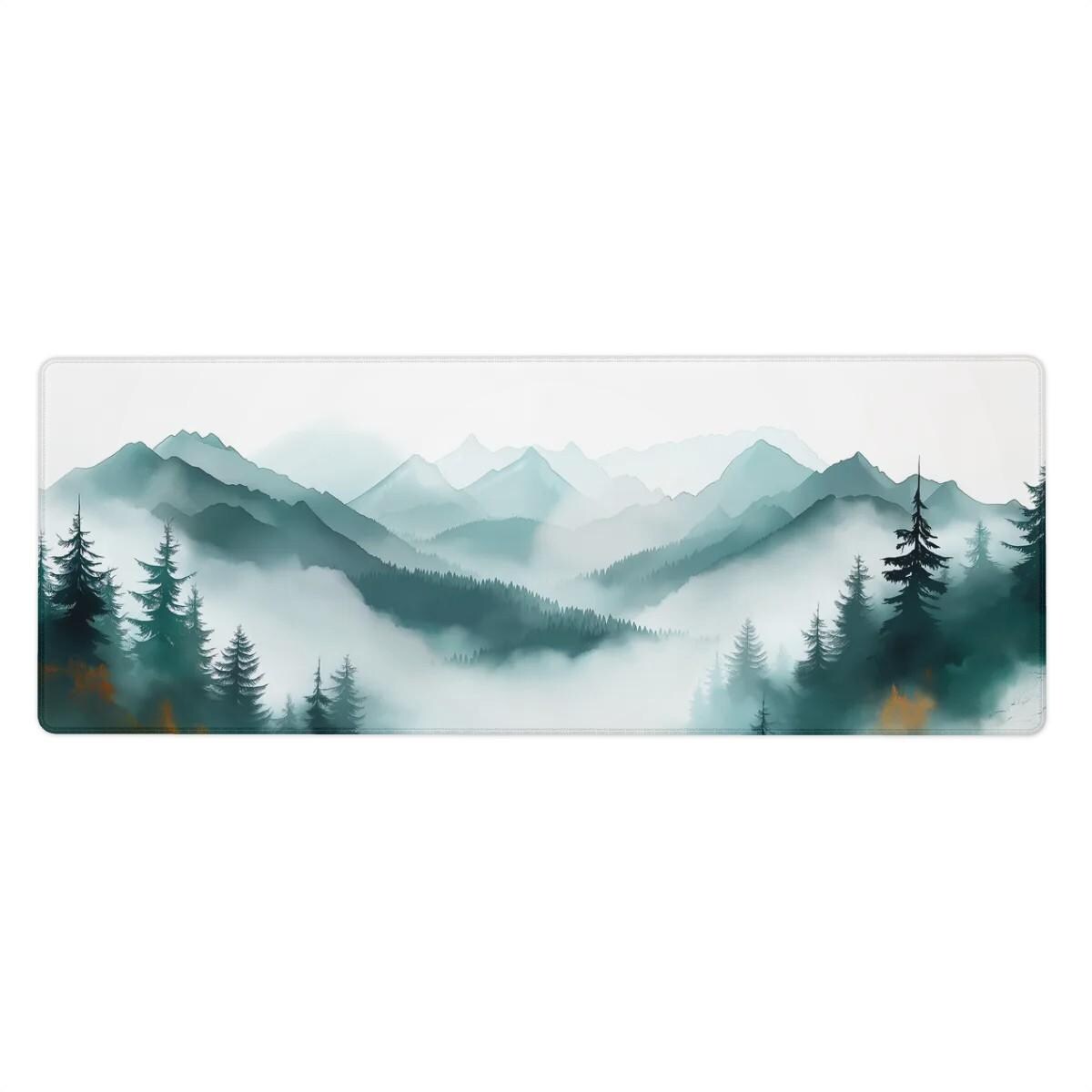 Misty Forest Desk Mat | Watercolor Style Green Teal Mountain | Nordic Scenic Nature Mouse Pad