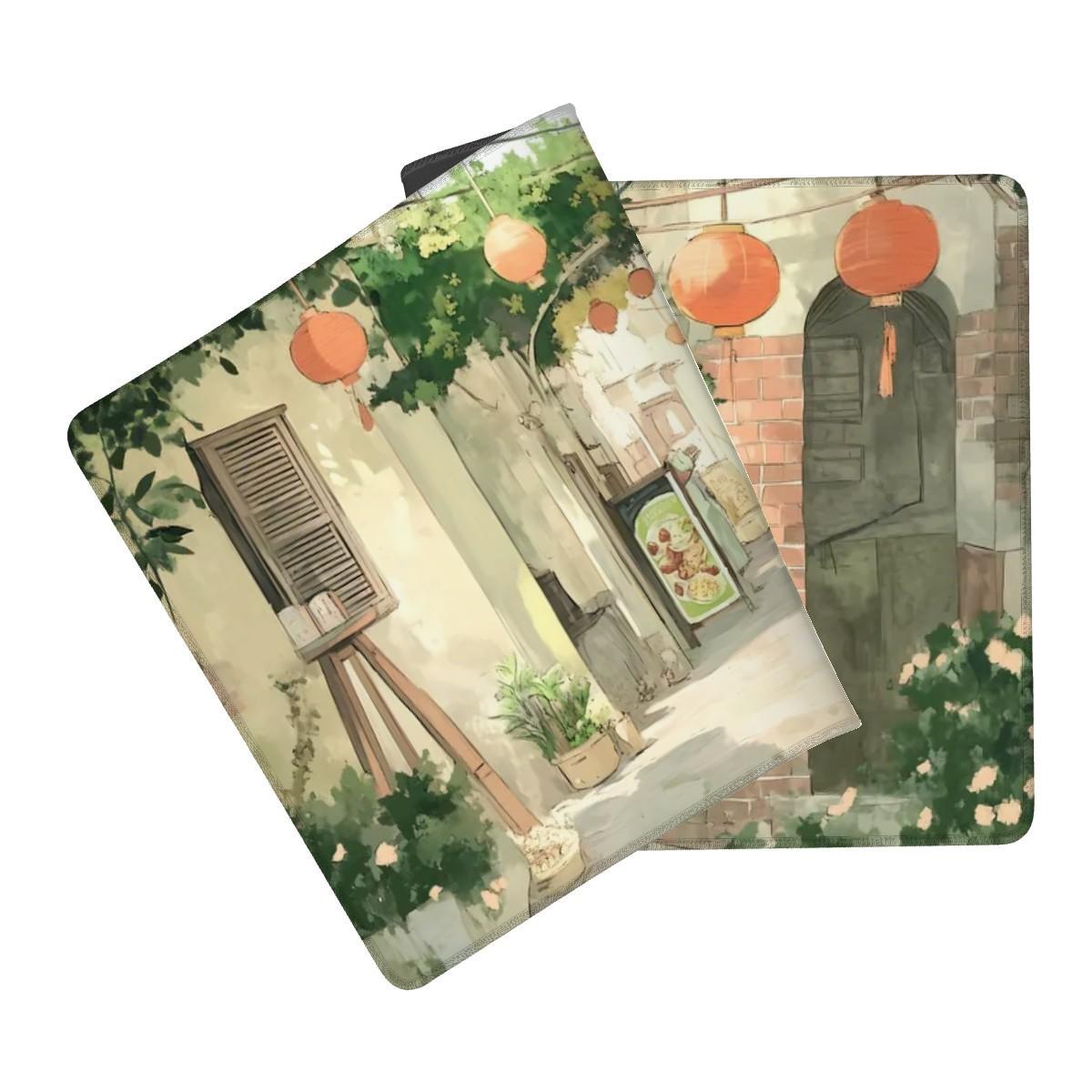 Nostalgic Vintage Asian Street Desk Mat | East Asian Inspired Decor, Street Laneway Sketchbook Mouse Pad