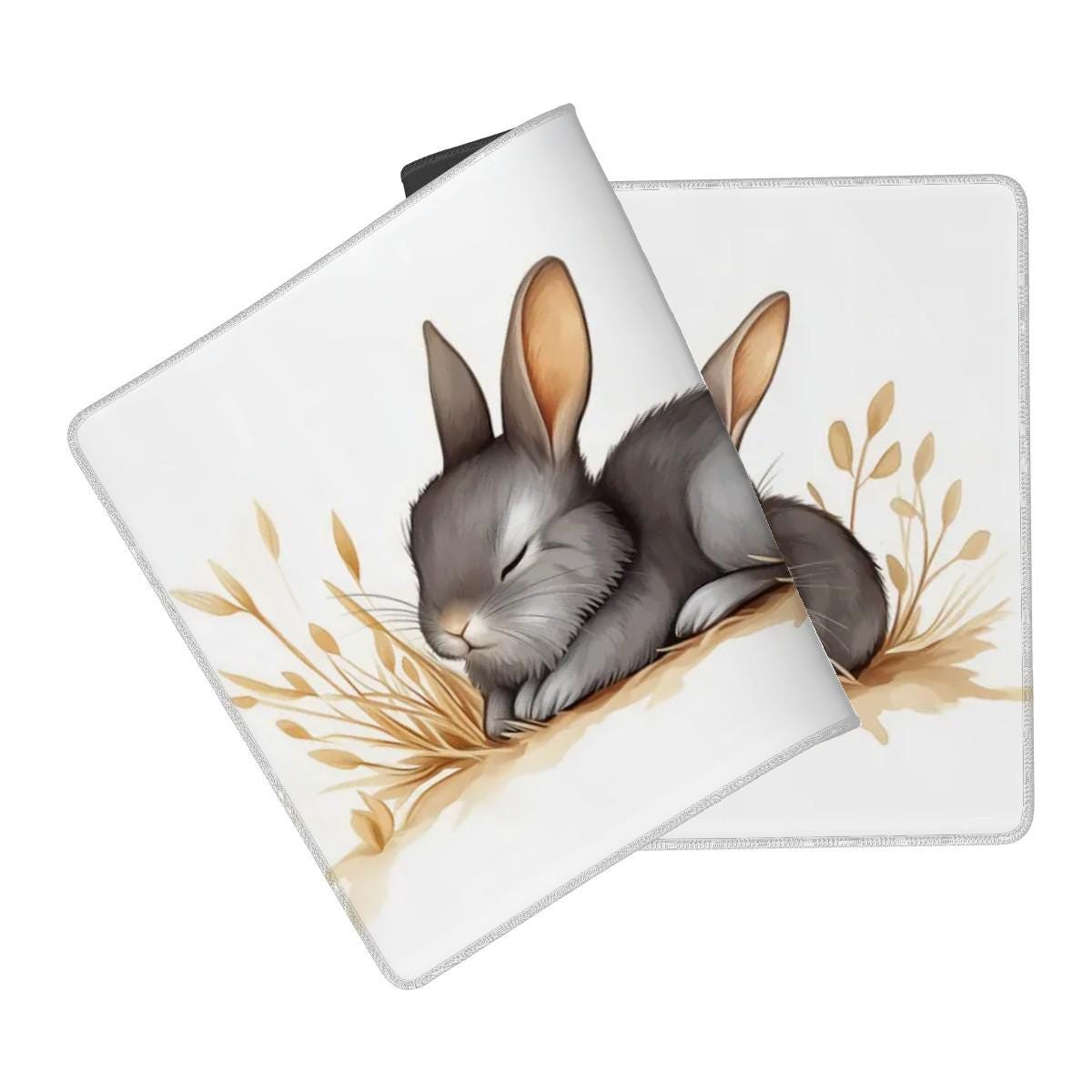 Sleeping Bunny Desk Mat | Mouse Pad with Storybook style Illustration, Pastel Aesthetic for Kawaii Desk Setup, Cozy Cottage Core