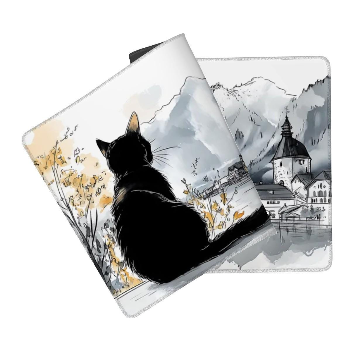 Hallstatt Ink Sketch Style Desk Mat | Tranquil European Landscape | Nostalgic Small Town Black Cat