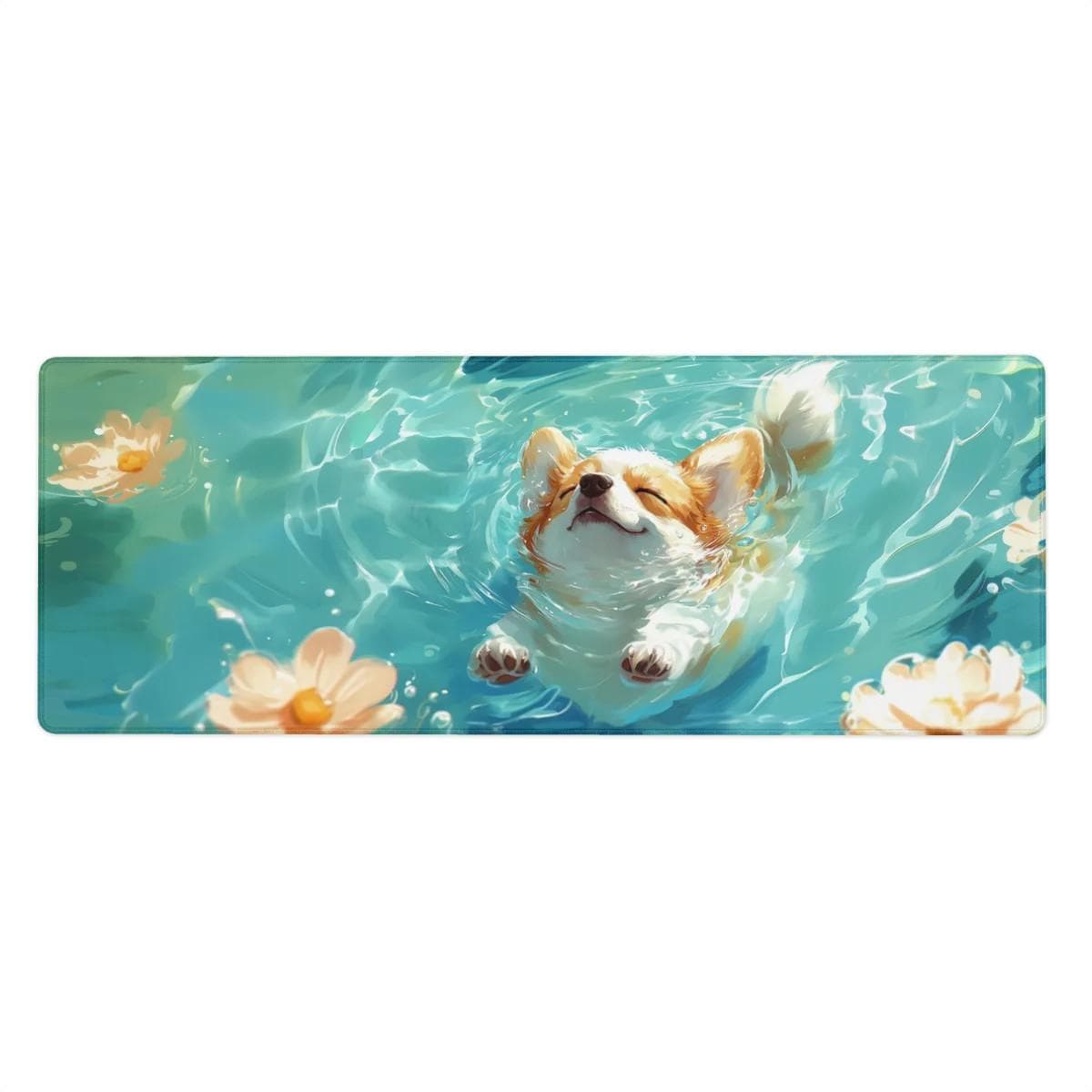 Happy Corgi Dog Desk Mat | Cute Aesthetic Mouse Pad, Watercolor Painting Style Desk Mat | Kawaii Dog Lover Desk Decor, Teal Color Mouse Pad