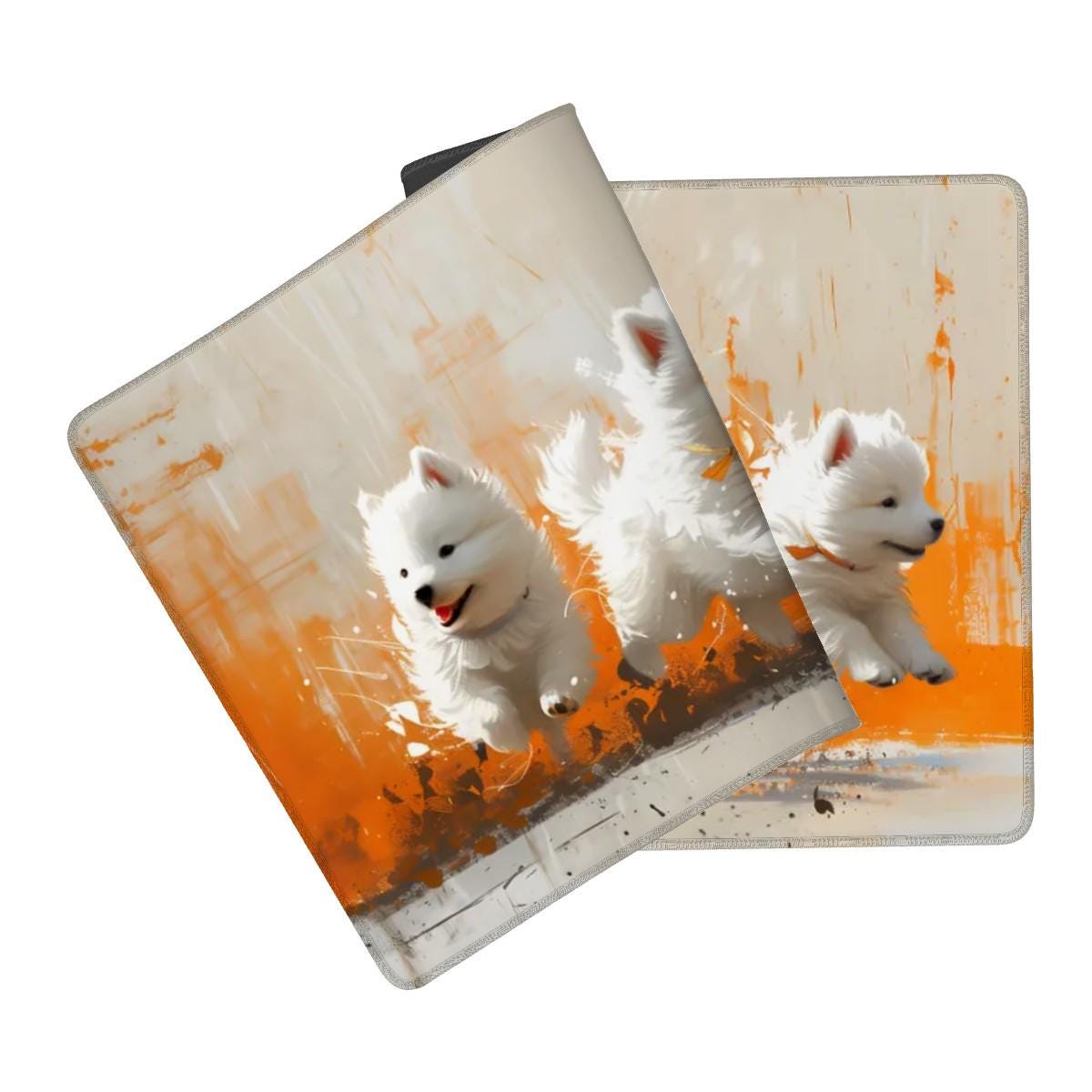 Puppies Painting Desk Mat | Samoyed Dogs - Colorful Orange Paintbrush Strokes, Creative Cute Mouse Pad