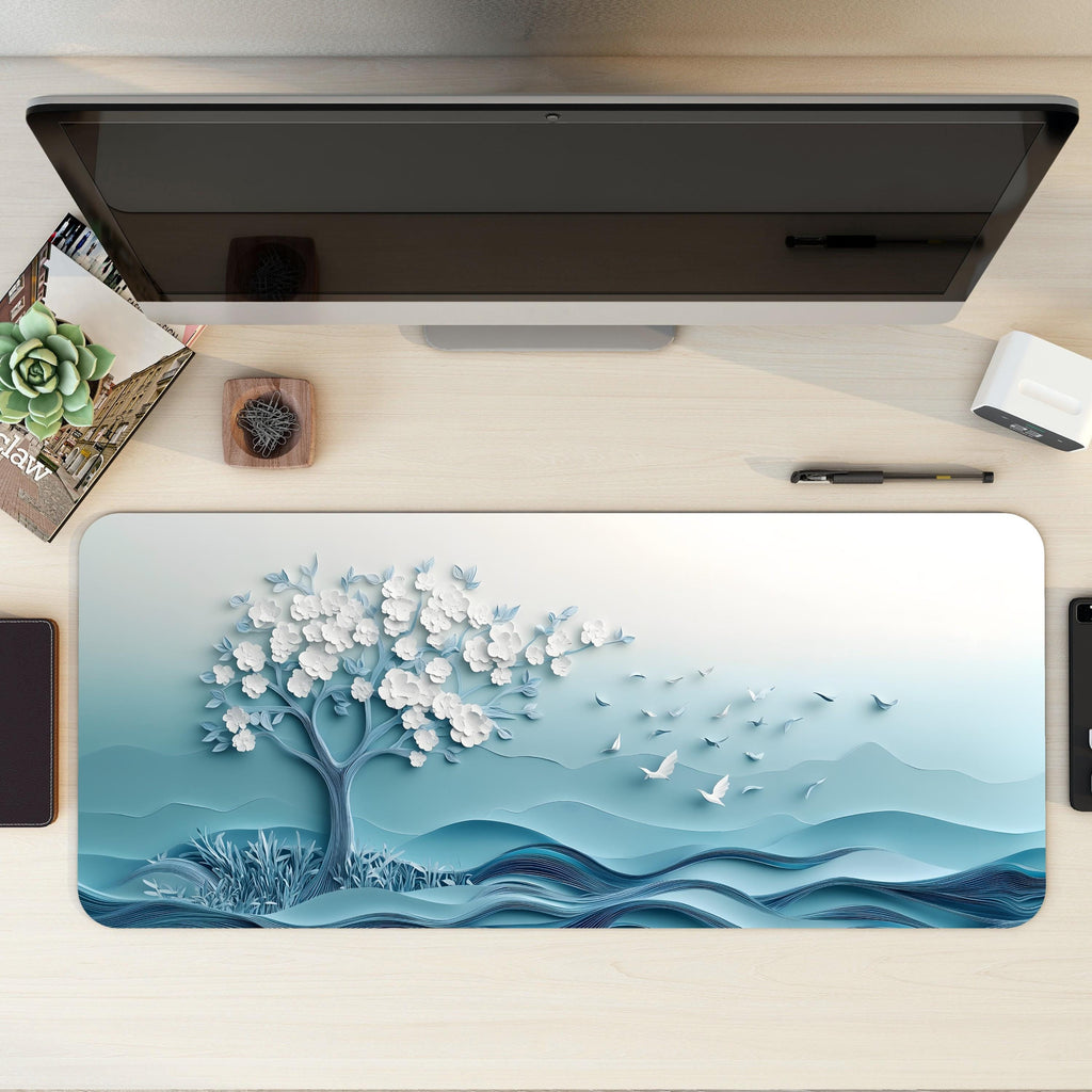 Serene White Cherry Blossom, Dove Desk Mat | Embossed Paper Art Mouse Pad
