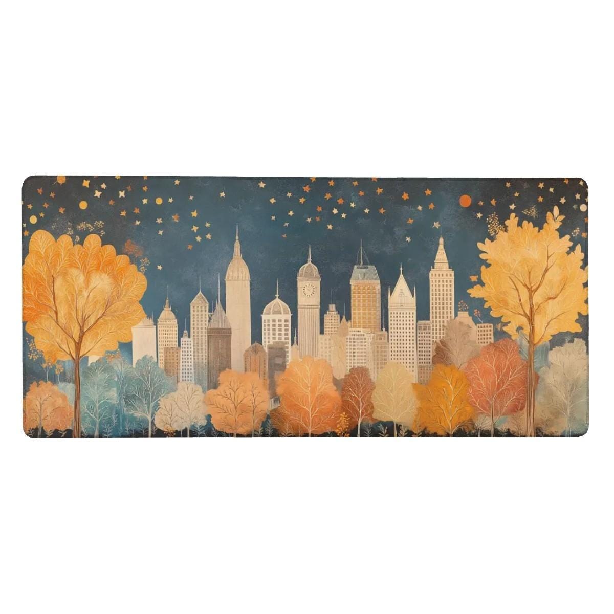 Starry Cityscape Illustration Desk Mat | Cozy Vintage Art, Children's Storybook Mouse Pad