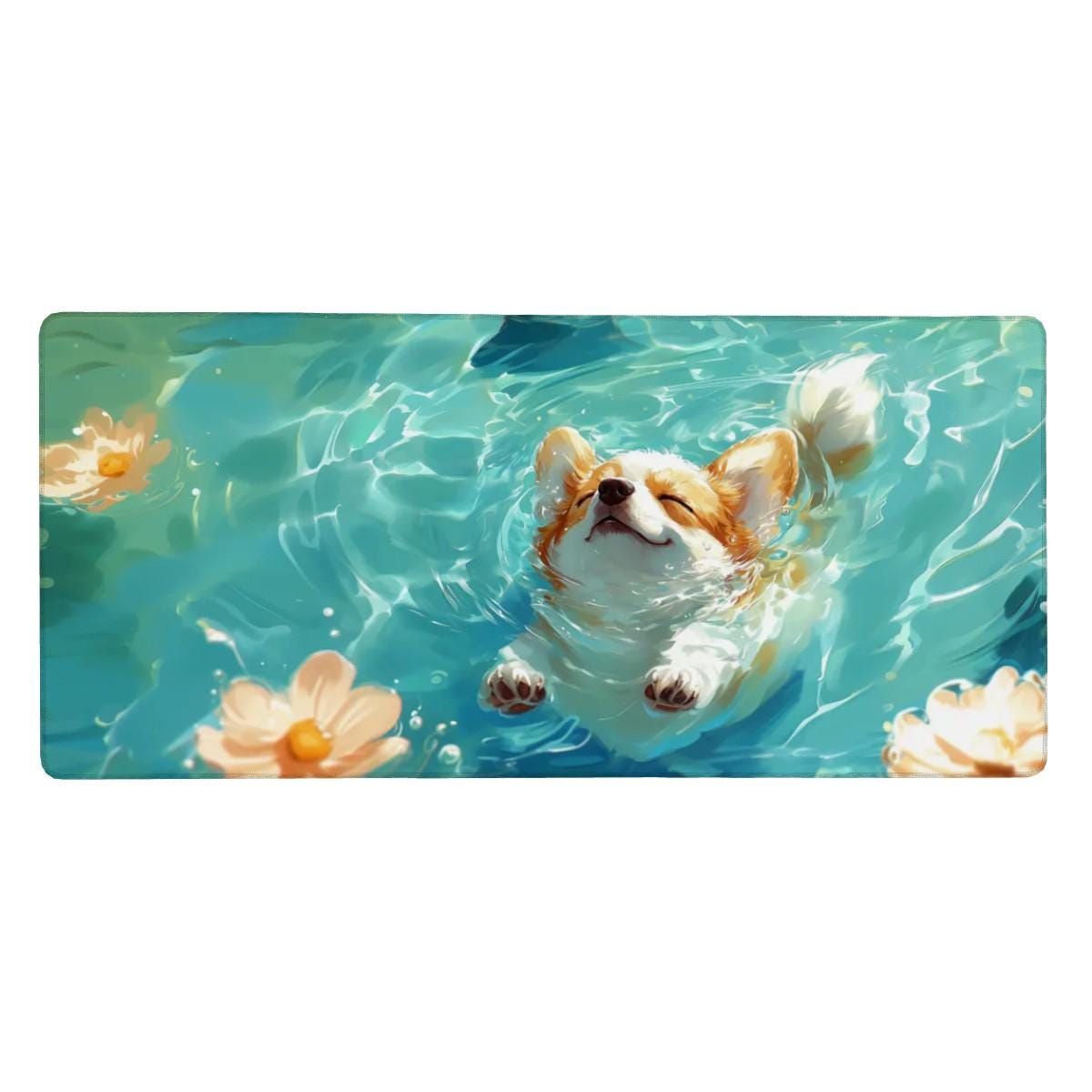 Happy Corgi Dog Desk Mat | Cute Aesthetic Mouse Pad, Watercolor Painting Style Desk Mat | Kawaii Dog Lover Desk Decor, Teal Color Mouse Pad