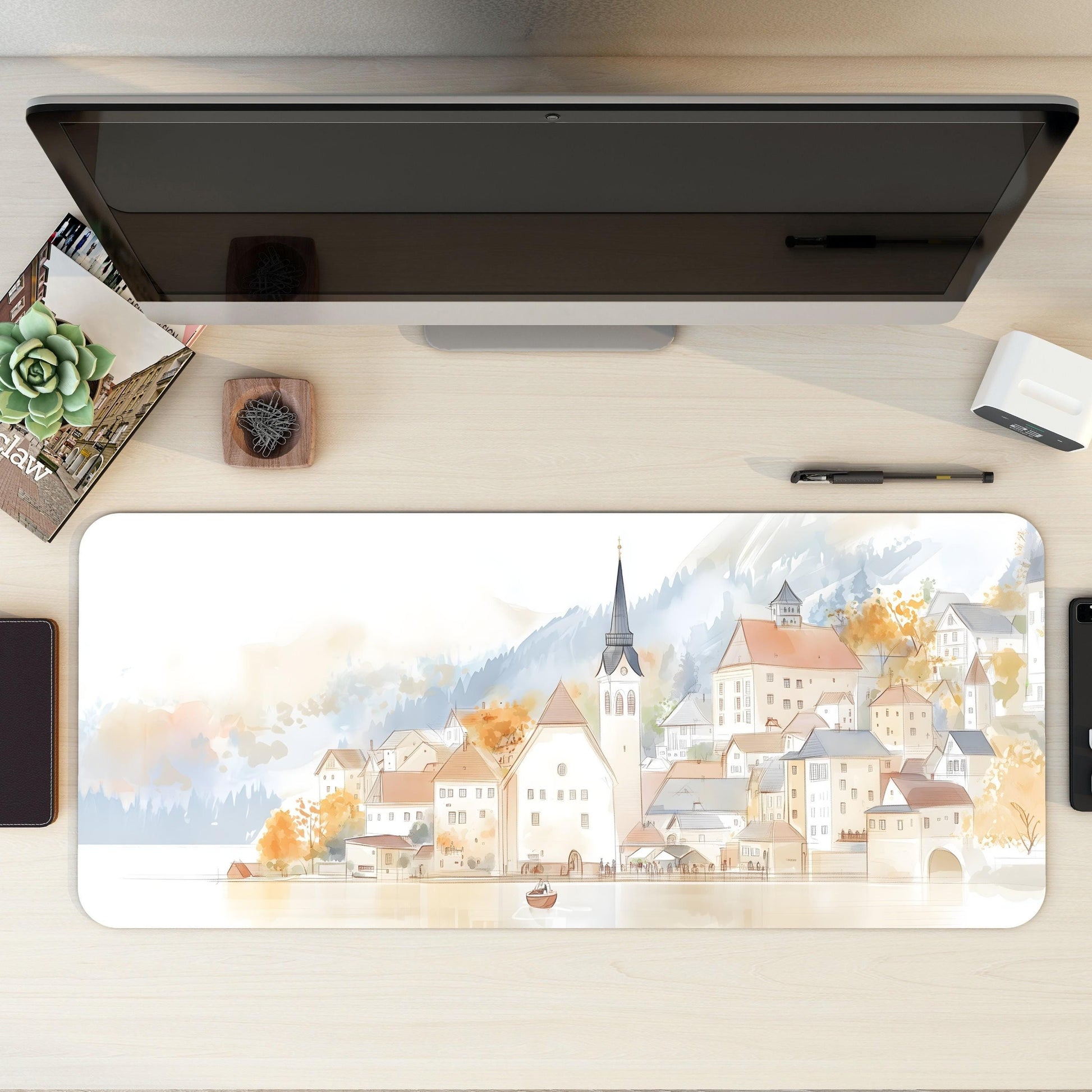Hallstatt Lakeside Town Desk Mat | Watercolor Line Art | Artistic, Nostalgic European Landscape Mouse Pad