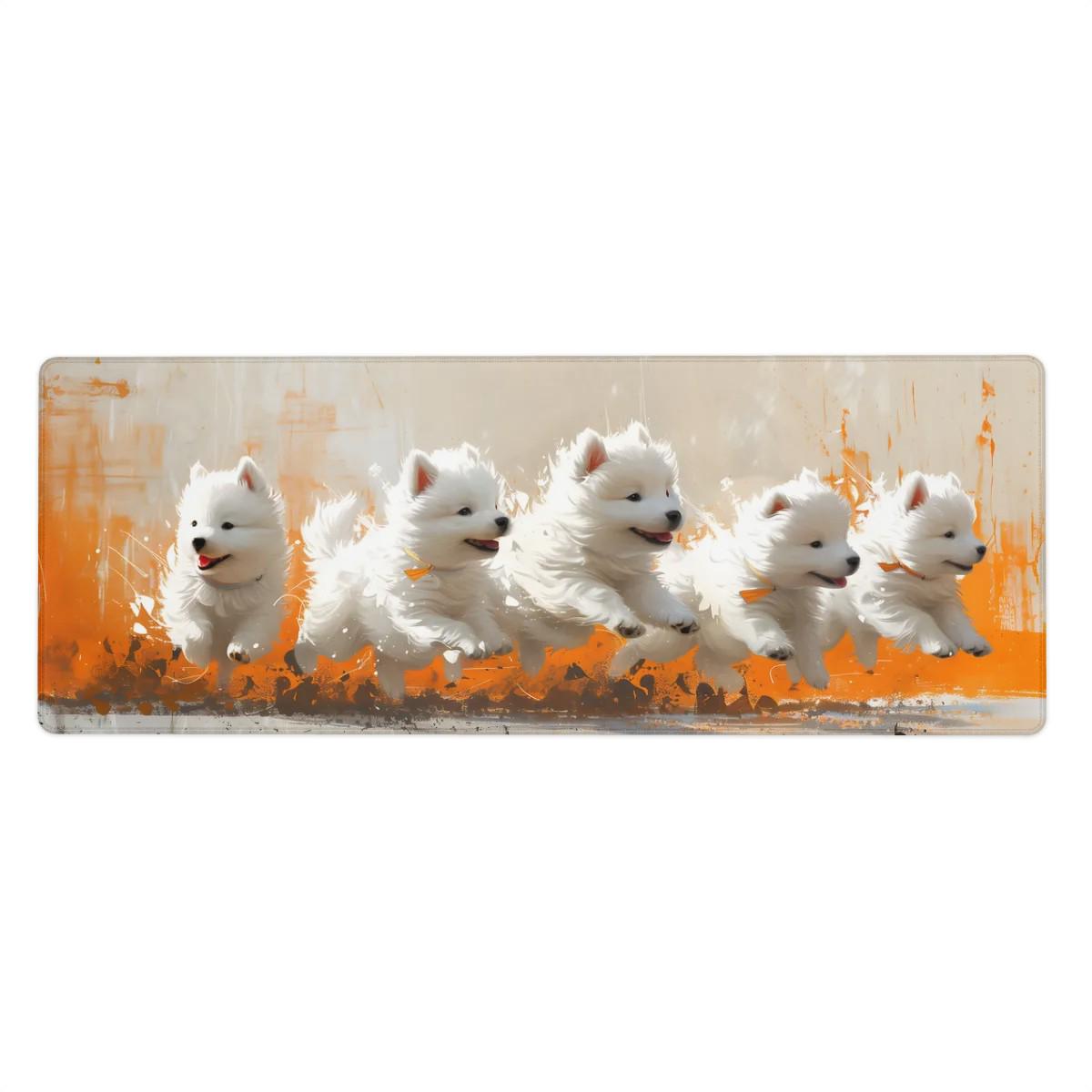 Puppies Painting Desk Mat | Samoyed Dogs - Colorful Orange Paintbrush Strokes, Creative Cute Mouse Pad