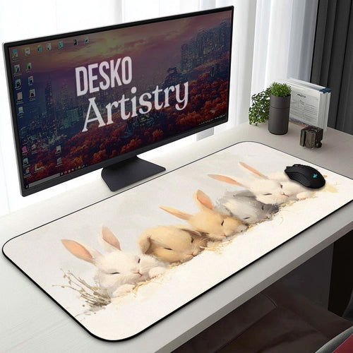 Cozy Bunny Desk Mat – Large Mouse Pad with Sleeping Rabbits, Cute Pastel Aesthetic for Kawaii, Anime & Cottagecore Decor