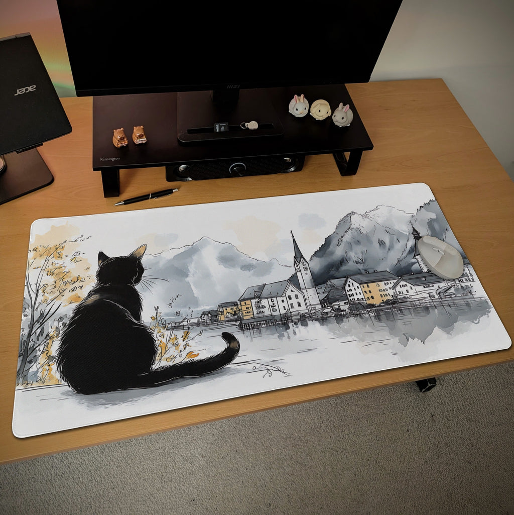 Hallstatt Ink Sketch Style Desk Mat | Tranquil European Landscape | Nostalgic Small Town Black Cat