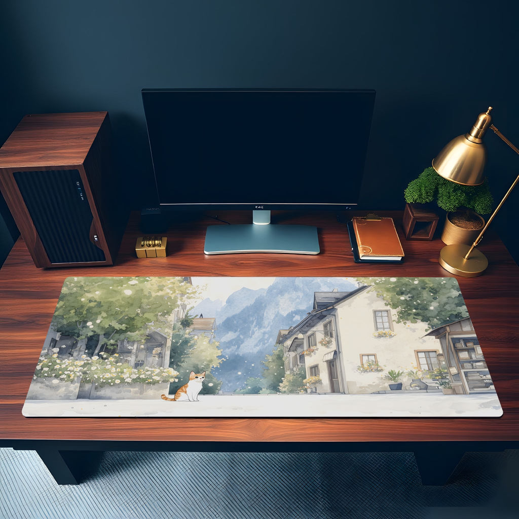 Watercolor Style European Desk Mat | Hallstatt Inspired Art with Calico Cat | Village Street Design Mouse Pad