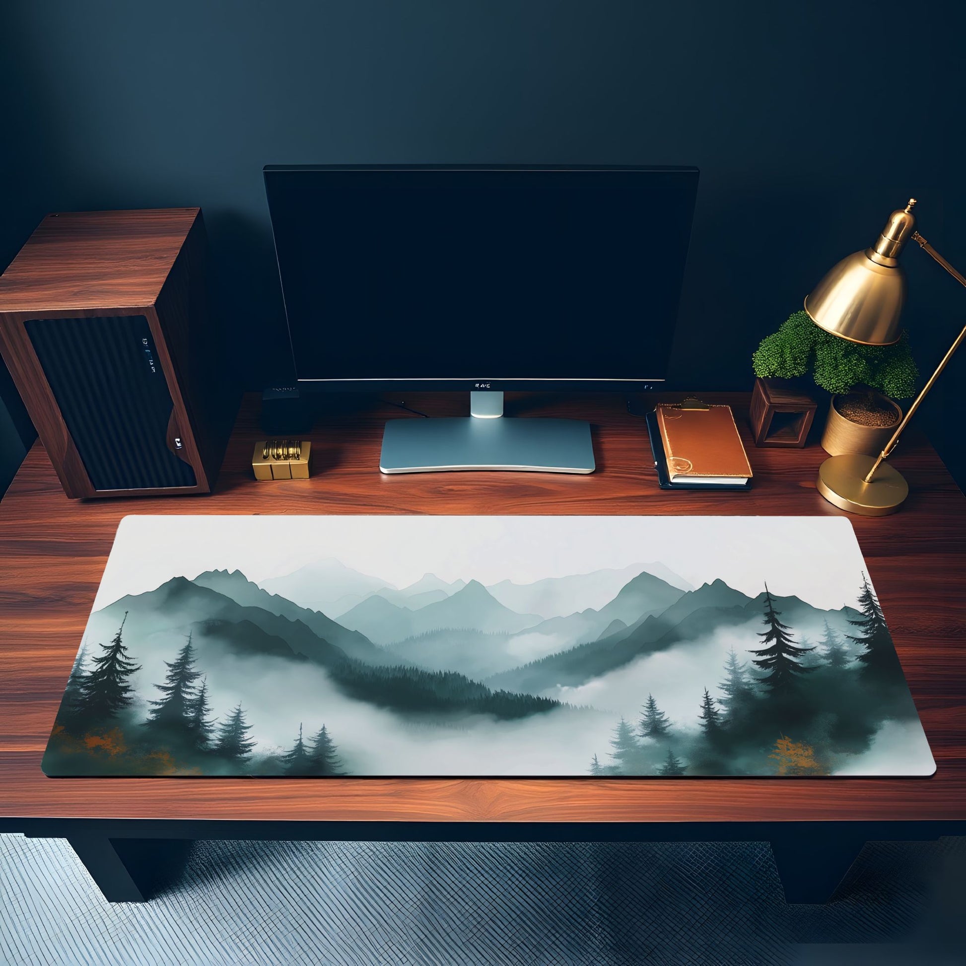 Misty Forest Desk Mat | Watercolor Style Green Teal Mountain | Nordic Scenic Nature Mouse Pad