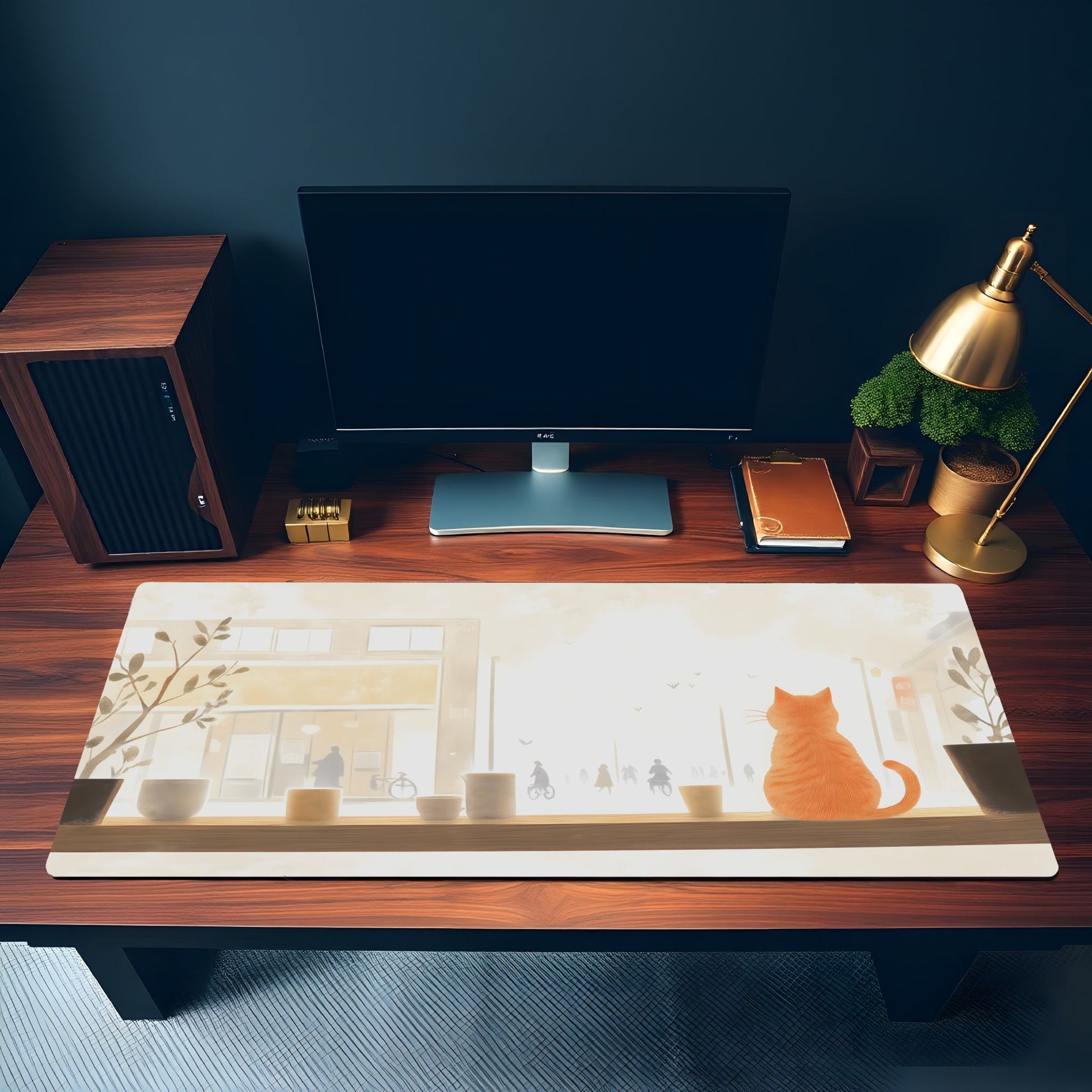 Minimalist Ginger Cat Desk Mat | Japanese Lofi Cafe Mouse Pad