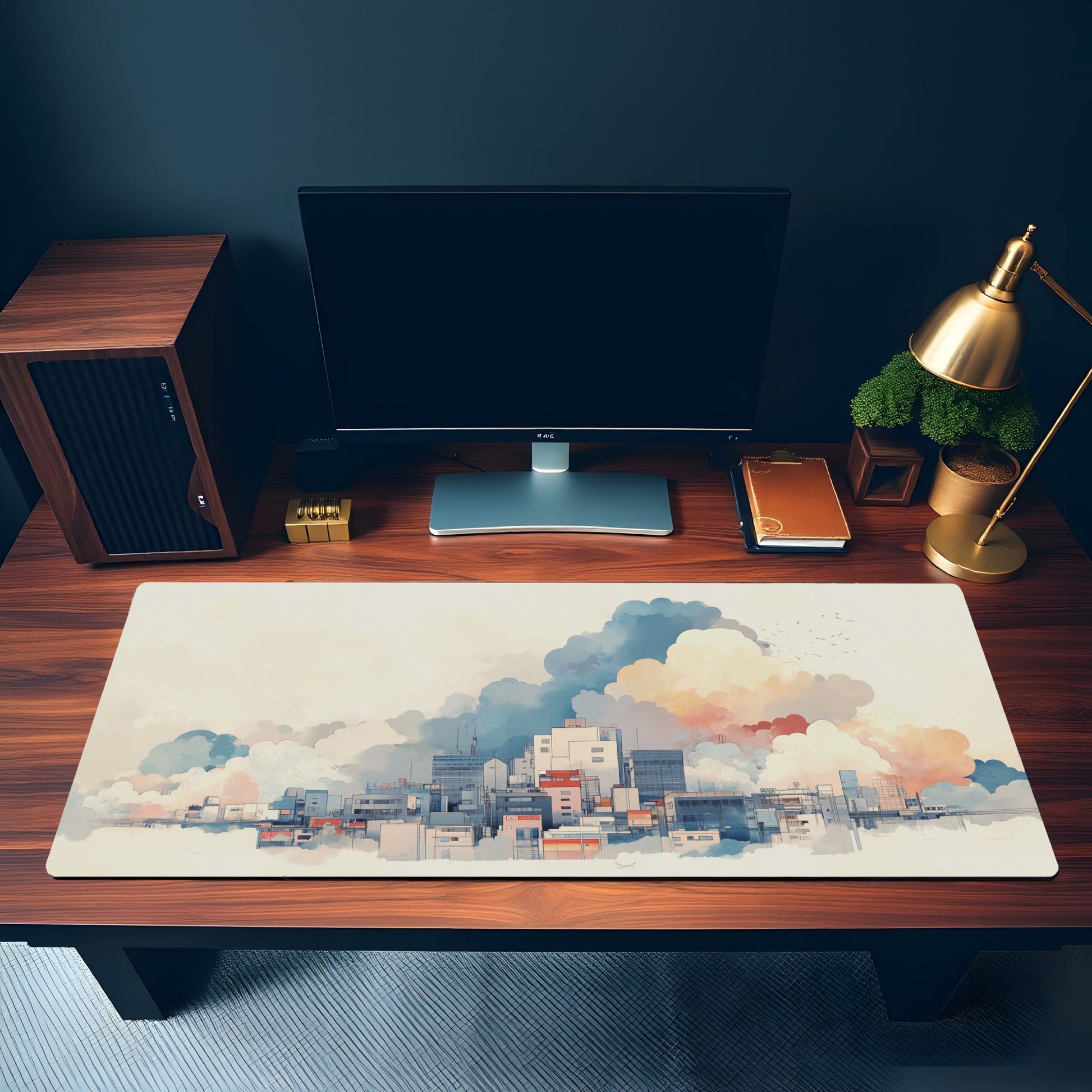 Cloudy Cityscape Desk Mat | Floating City Pastel Art | Minimalist Desk Decor