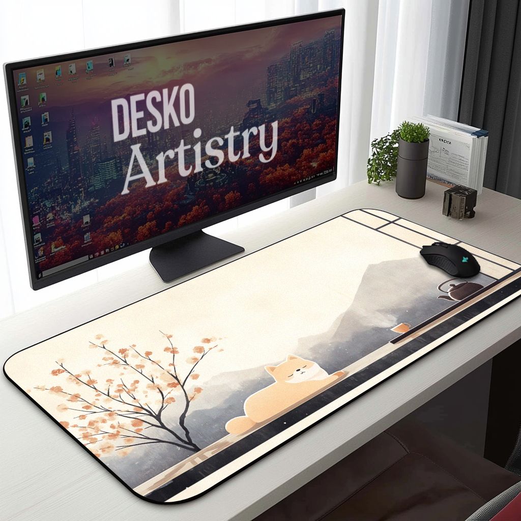 Japanese Zen Shiba Inu Desk Mat | Minimalist Ukiyo-e Mouse Pad | Calm Desk Decor for Dog Lovers, Blossom Tree, Mountain Chill Vibe