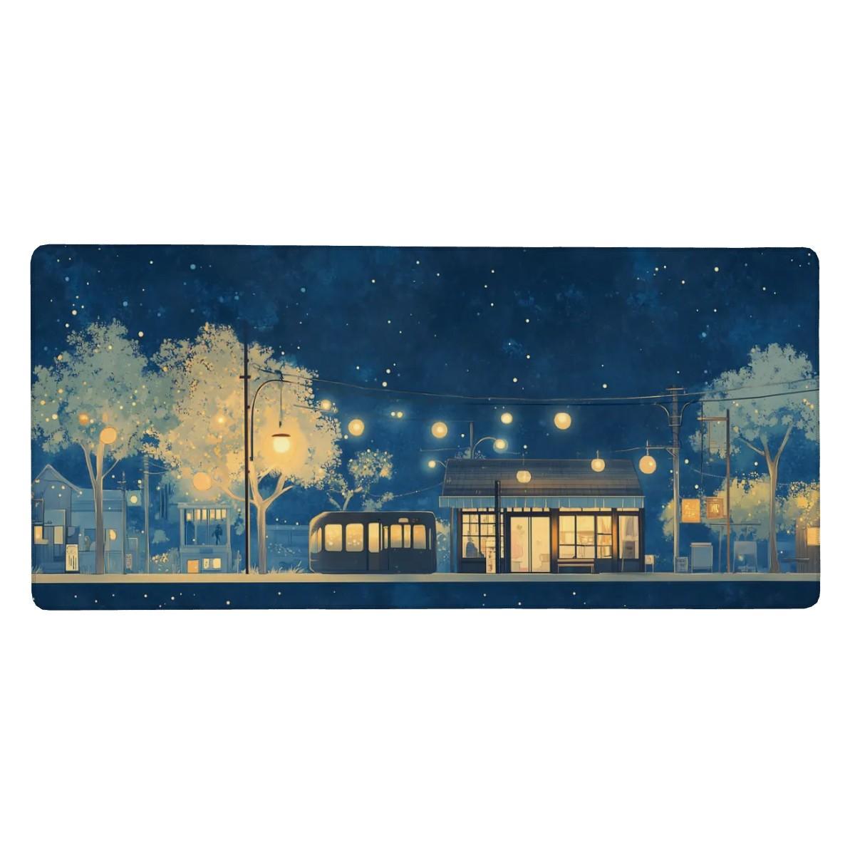 Japanese Dreamy Night Desk Mat | Peaceful Village Light Mouse Pad |