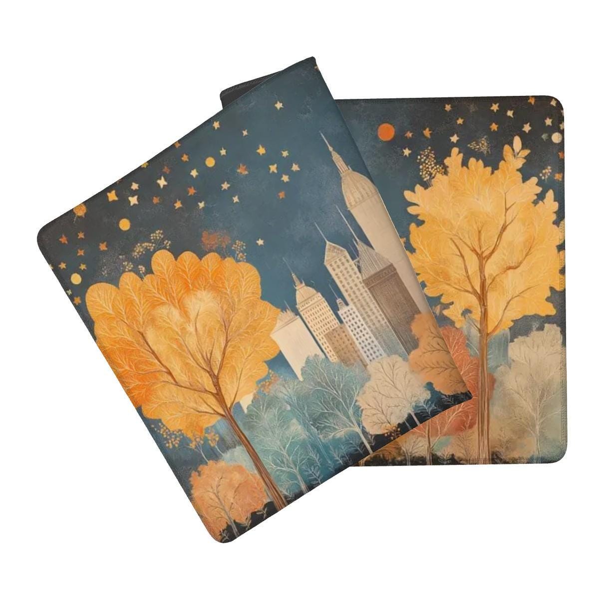 Starry Cityscape Illustration Desk Mat | Cozy Vintage Art, Children's Storybook Mouse Pad