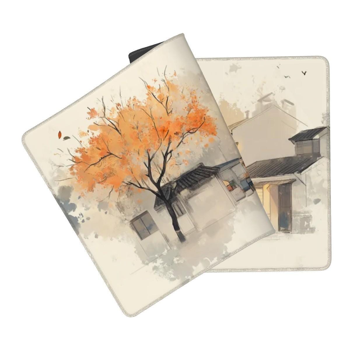 Vintage Street Desk Mat | Cozy Autumn Watercolor Art | Chinese Ink and Sketch-Style Mouse Pad