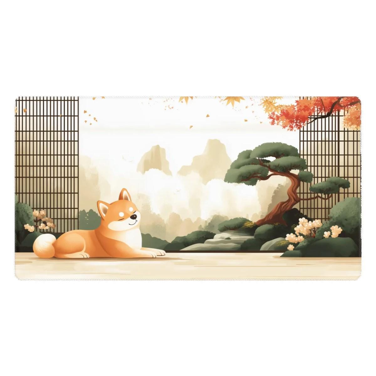 Japanese Shiba Inu Desk Mat | Large Mouse Pad for Dog Lovers | Aesthetic Gaming Mousepad, Bonsai Zen, Cherry Blossoms