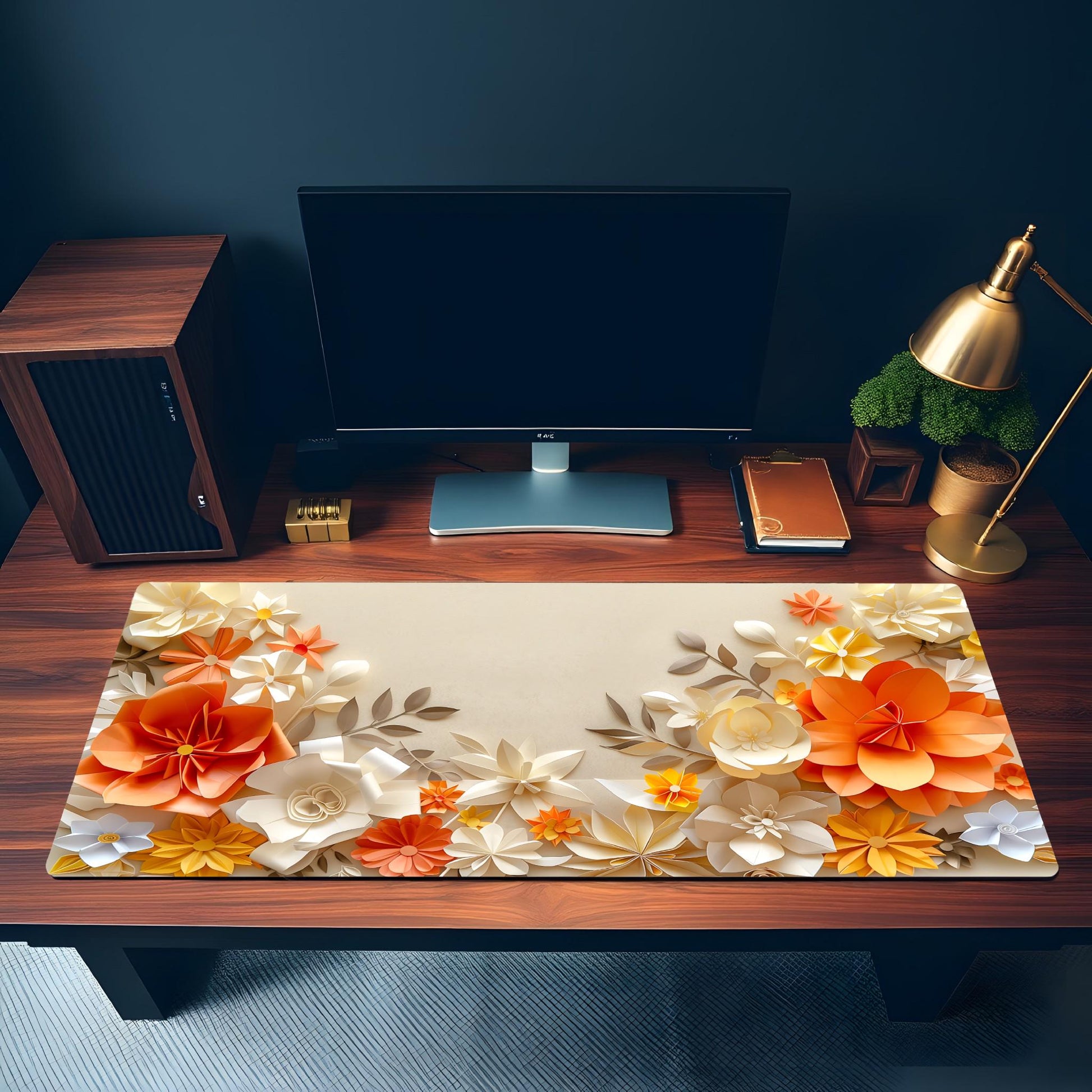 Floral Paper Art Desk Mat | Beige Orange Flower Mouse Pad