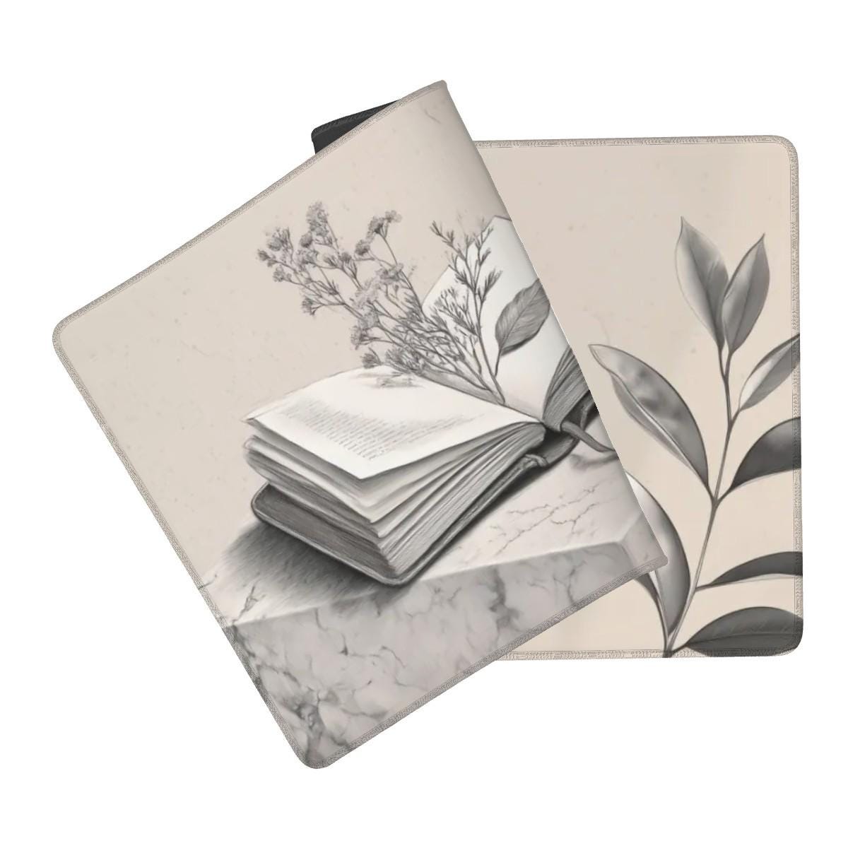 Cottagecore Journal Book Desk Mat | Monochrome Aesthetic Marble Mouse Pad | Herbarium Academic Theme Decor
