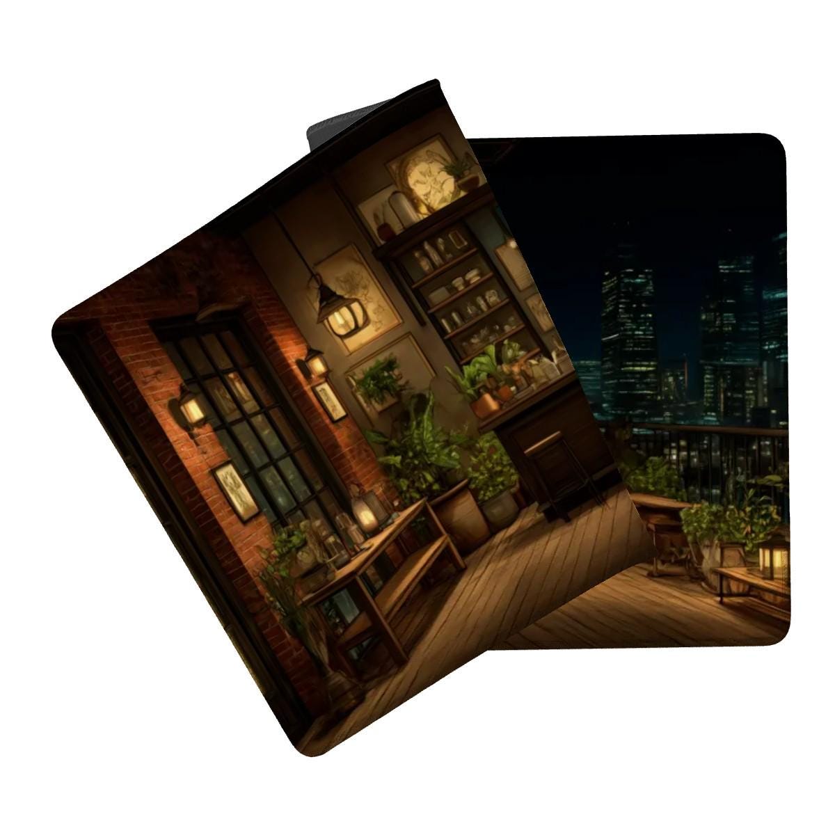 Cozy City Cafe Bar Desk Mat | Warm Amber, Vintage Desk Pad | Urban Night Cityscape Decor
