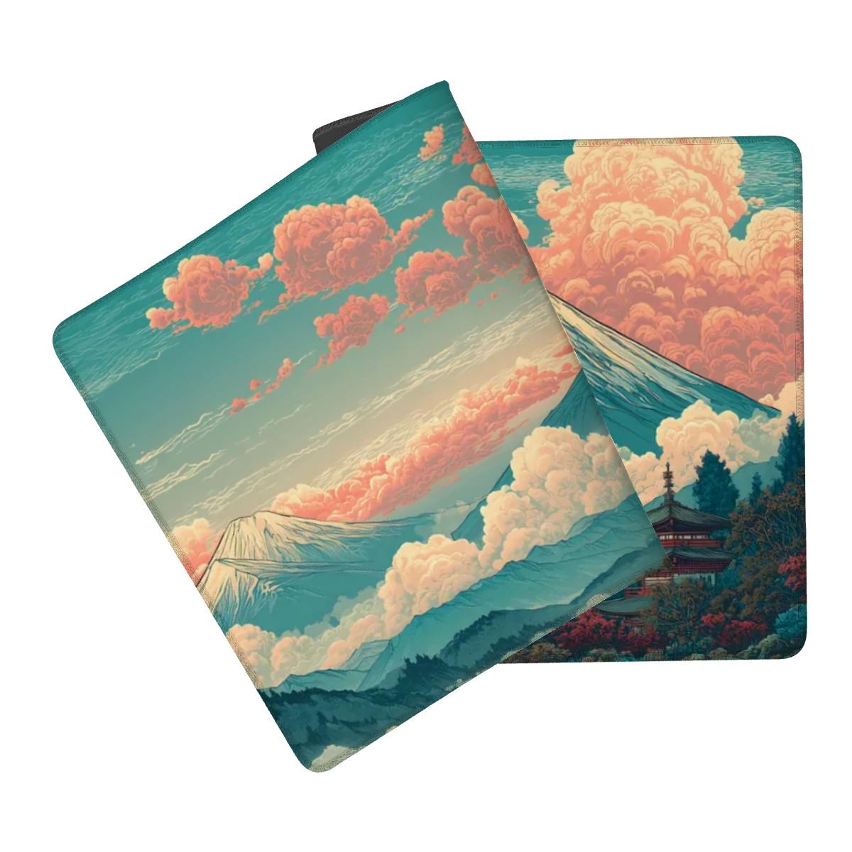 Mount Fuji Desk Mat | Japanese Landscape - Vintage Teal Coral Gaming Desk Pad