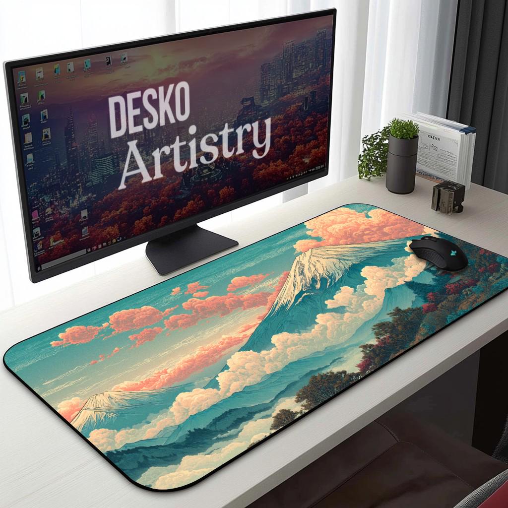 Mount Fuji Desk Mat | Japanese Landscape - Vintage Teal Coral Gaming Desk Pad