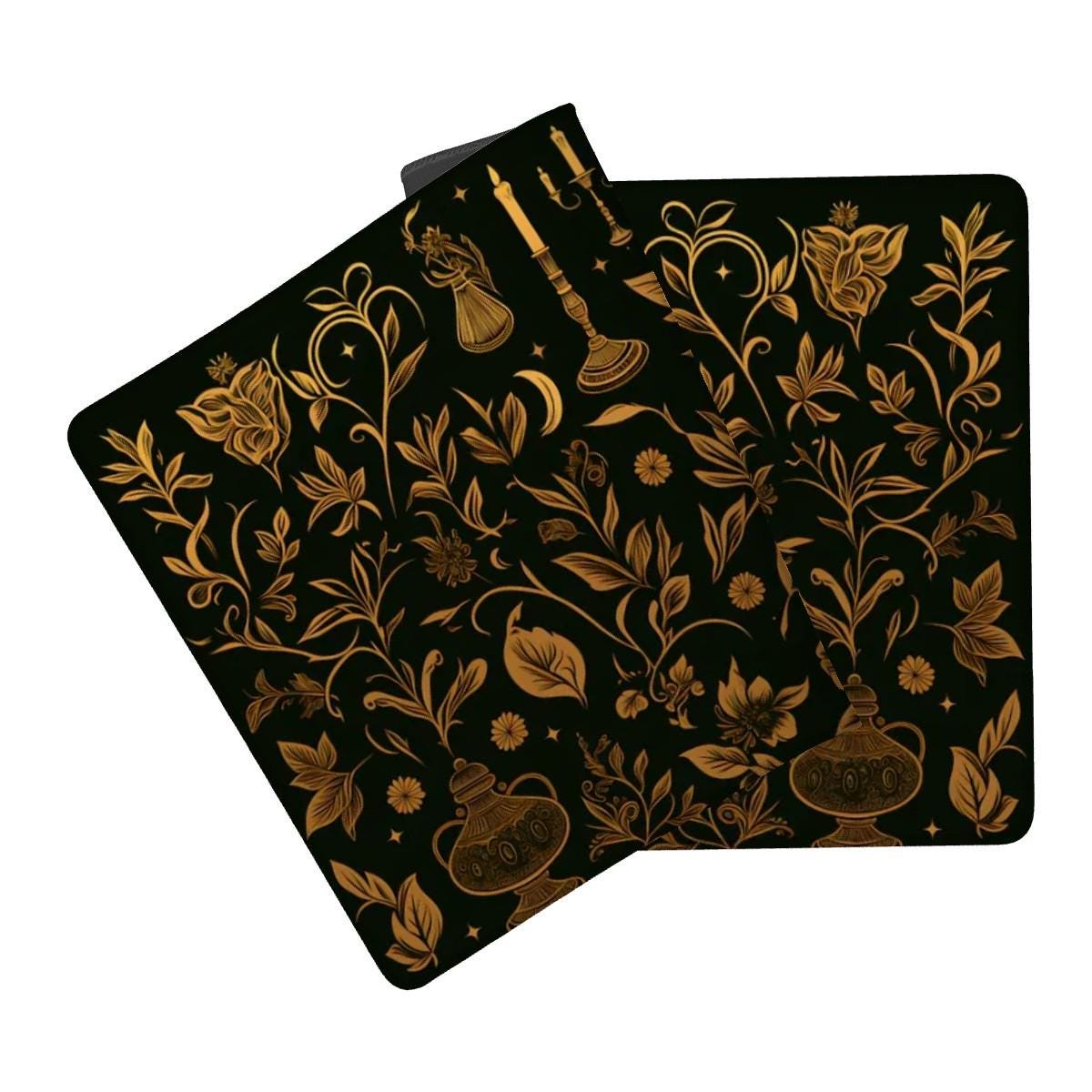 Dark Cottagecore Desk Mat | Black Gold Floral Desk Pad with Celestial Motifs | Gothic Witchcore Aesthetics
