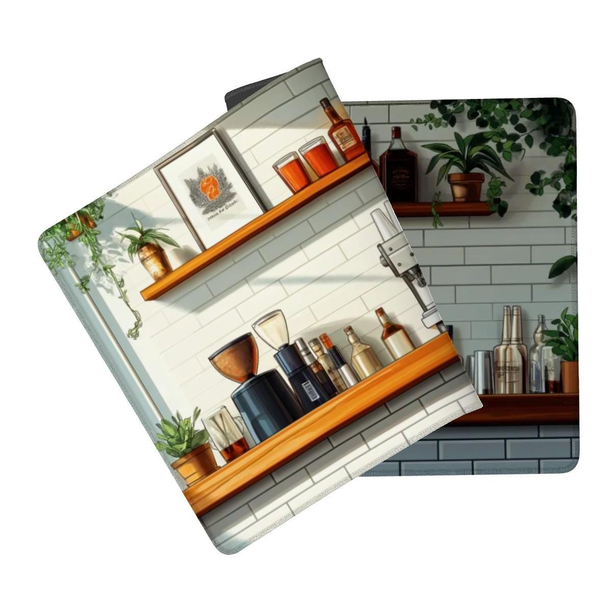 Coffee Bar Desk Mat | White Tile Cafe, Cocktail Bar Desk Pad
