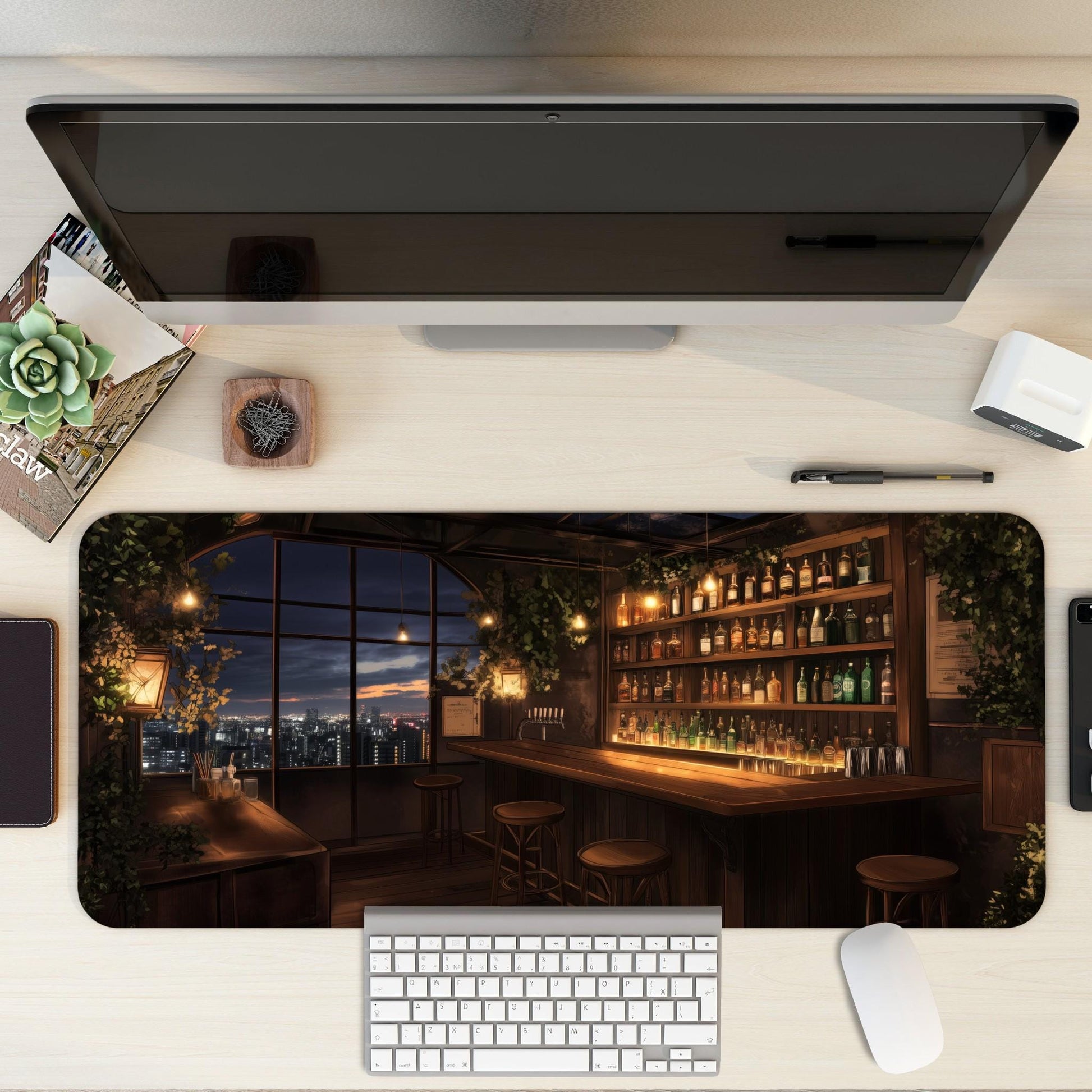 City Night Bar Night Scene Desk Mat | Moody Cocktail Lounge, Dark Urban Nightscape Mouse Pad