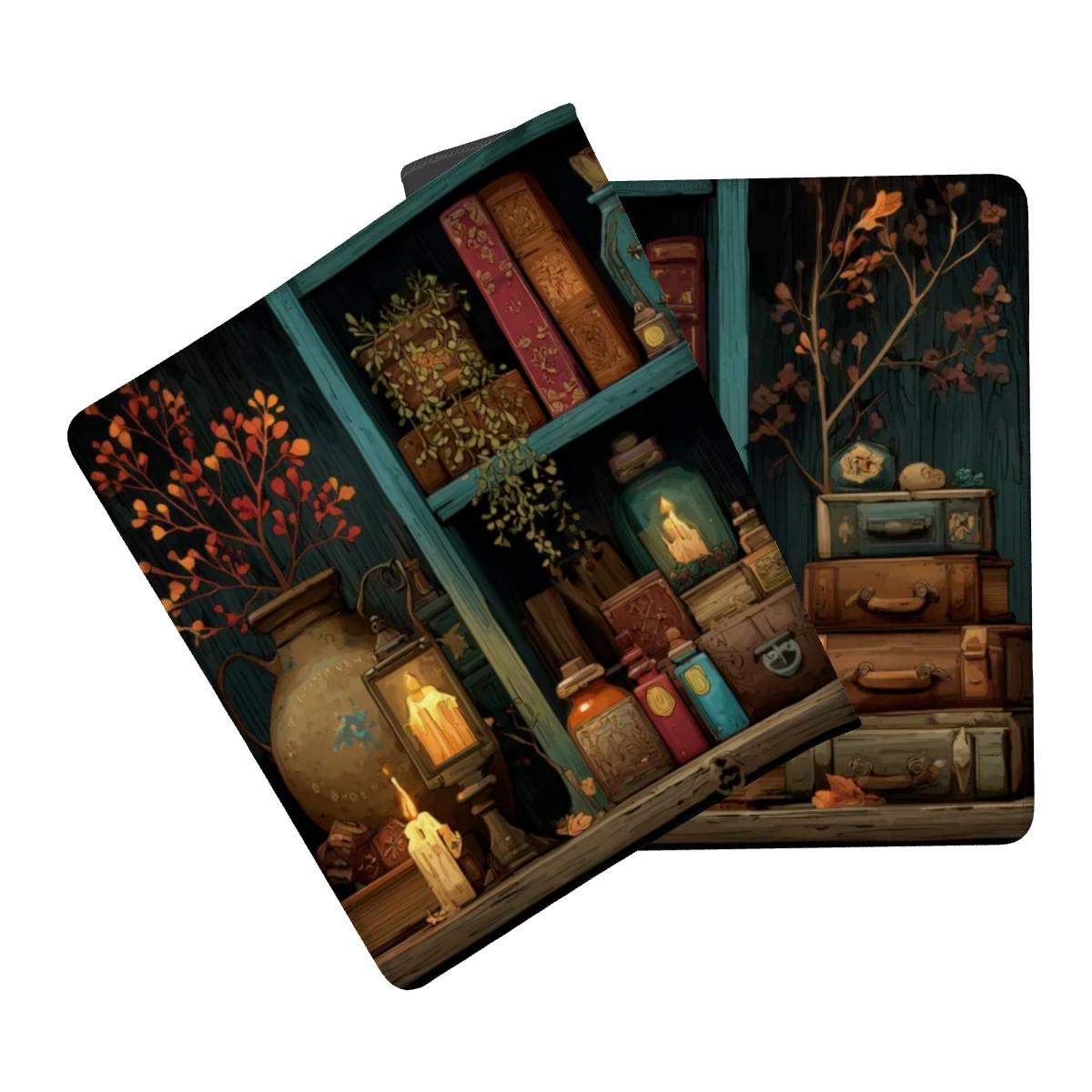 Witchy Bookshelf Desk Mat | Dark Cottagecore Owl, Potion Mouse Pad, Dark Academia