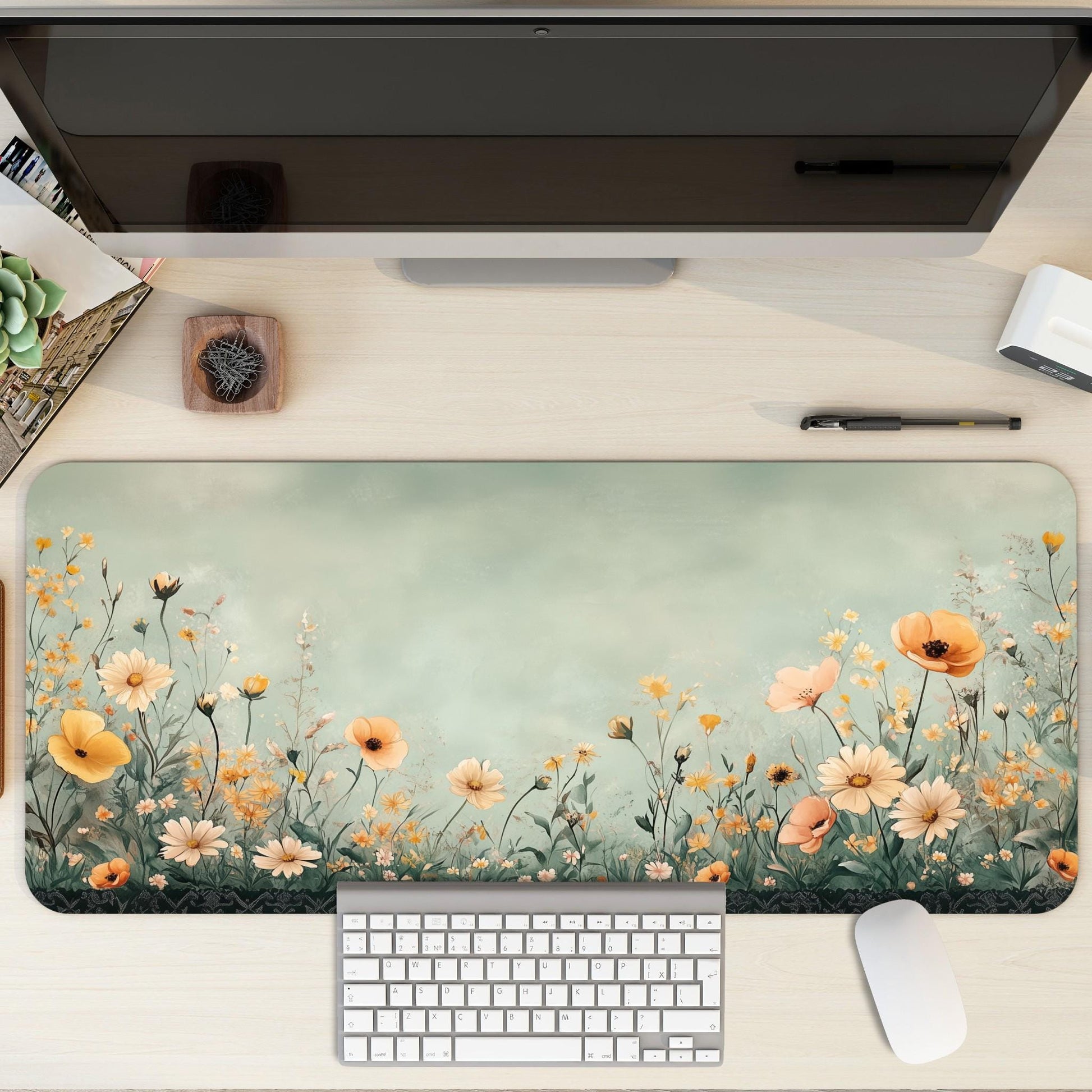 Green Floral Meadow Desk Mat | Large Cottagecore Mouse Pad | Soft Yellow Botanical Desk Pad for Cozy Aesthetic Office