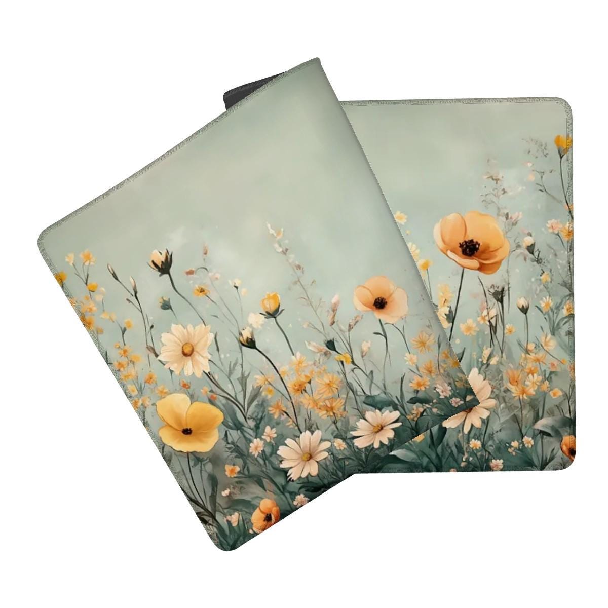 Green Floral Meadow Desk Mat | Large Cottagecore Mouse Pad | Soft Yellow Botanical Desk Pad for Cozy Aesthetic Office