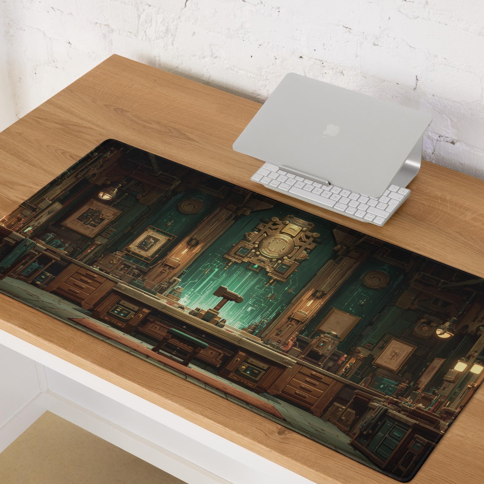 Steampunk Magic Workshop Desk Mat | Fantasy Gaming Mouse Pad with Victorian Lab Scene in Teal and Bronze, RPG Aesthetics Desk and Gaming Pad