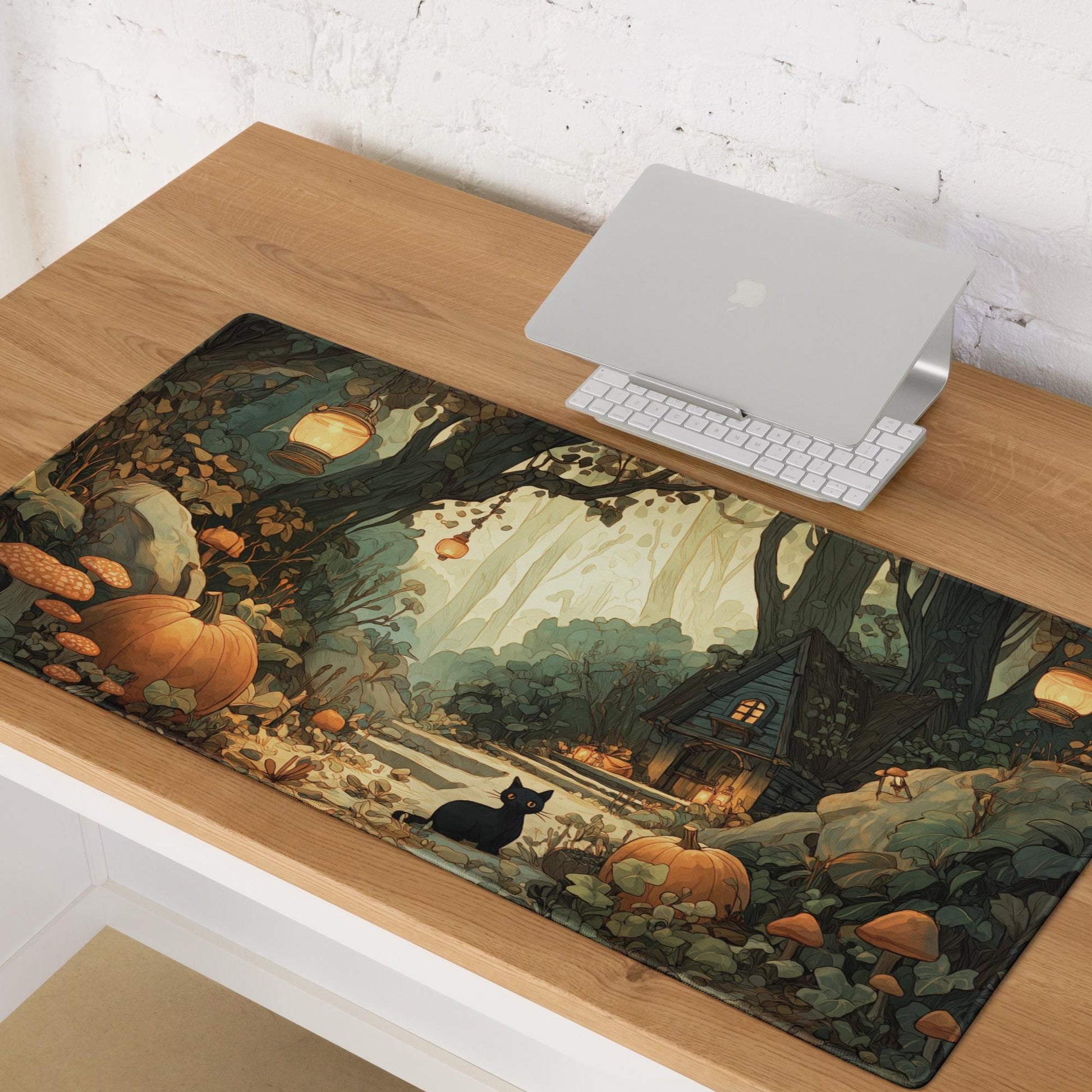 Cozy Autumn Forest Desk Mat | Halloween Black Cat Large Mouse Pad - Cottagecore Pumpkin Aesthetic XL Gaming & Office Desk Pad
