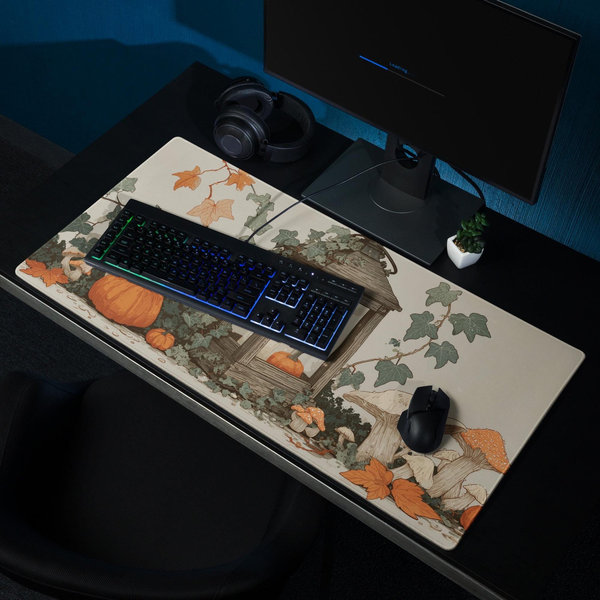 Halloween Cottagecore Desk Mat | Large Mouse Pad, Pumpkin Mushroom Botanical Design | Cozy Gaming and Desk Accessories