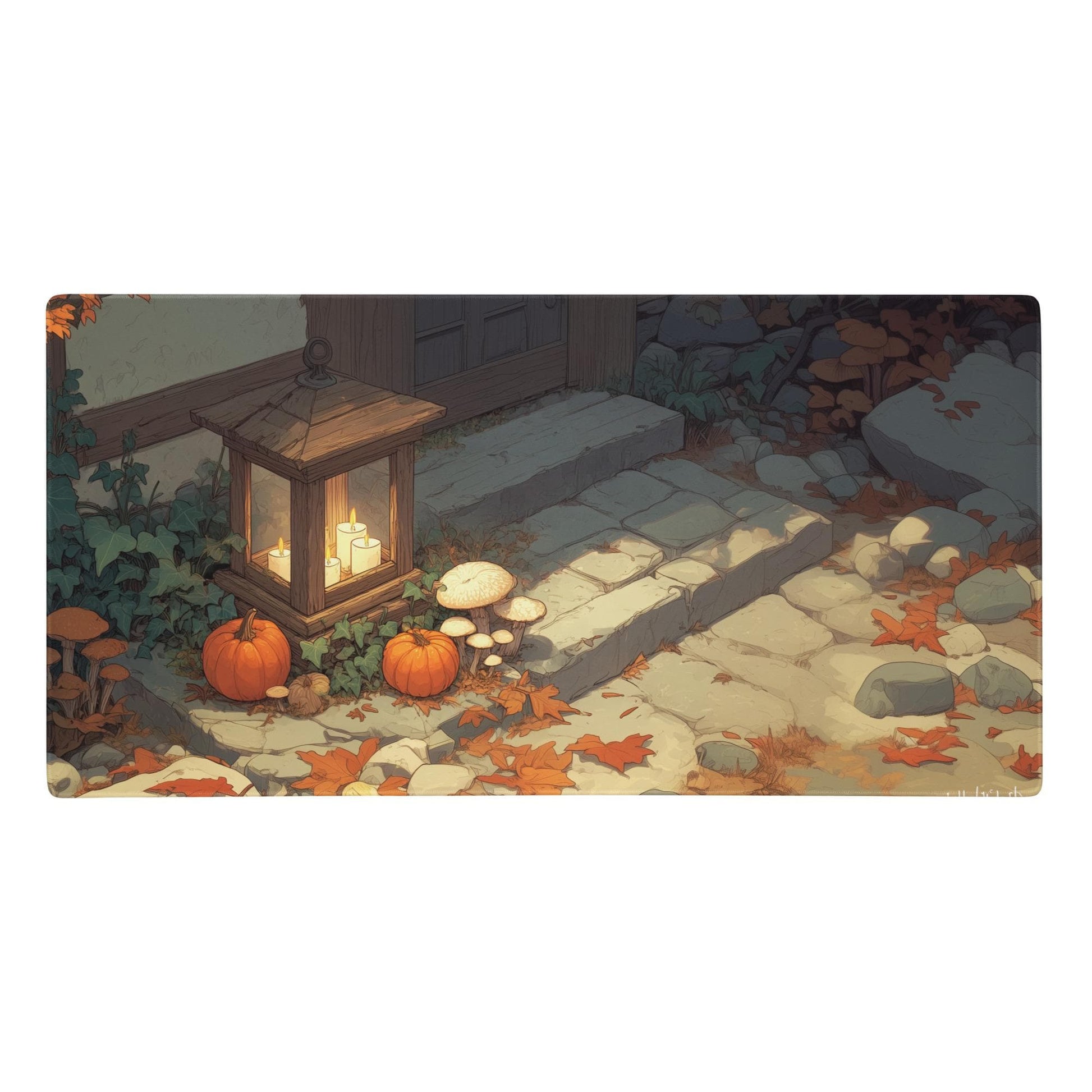 Halloween Lantern Desk Mat | RPG Cottage Autumn Pumpkins & Mushrooms Mouse Pad | Large Cottagecore Illustration Desk Pad