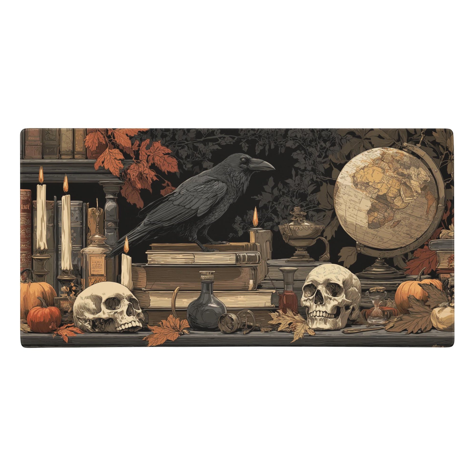 Gothic Halloween Raven Desk Mat | Dark Academia Skulls Large Mouse Pad, Vintage Witchy Desk Setup Decor