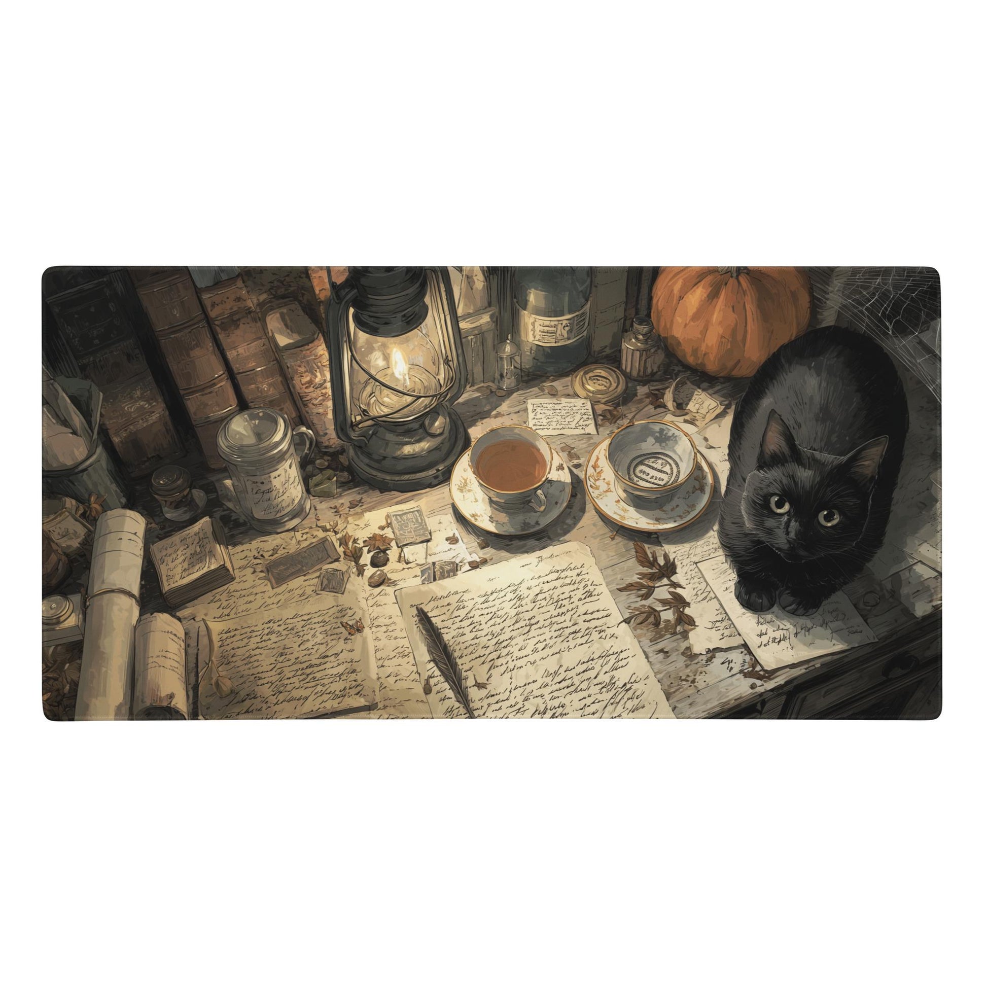 Vintage Painterly Medieval Desk Mat | Black Cat, Pumpkin & Spellbook Scholar Mouse Pad – Dark Academia Halloween Decor